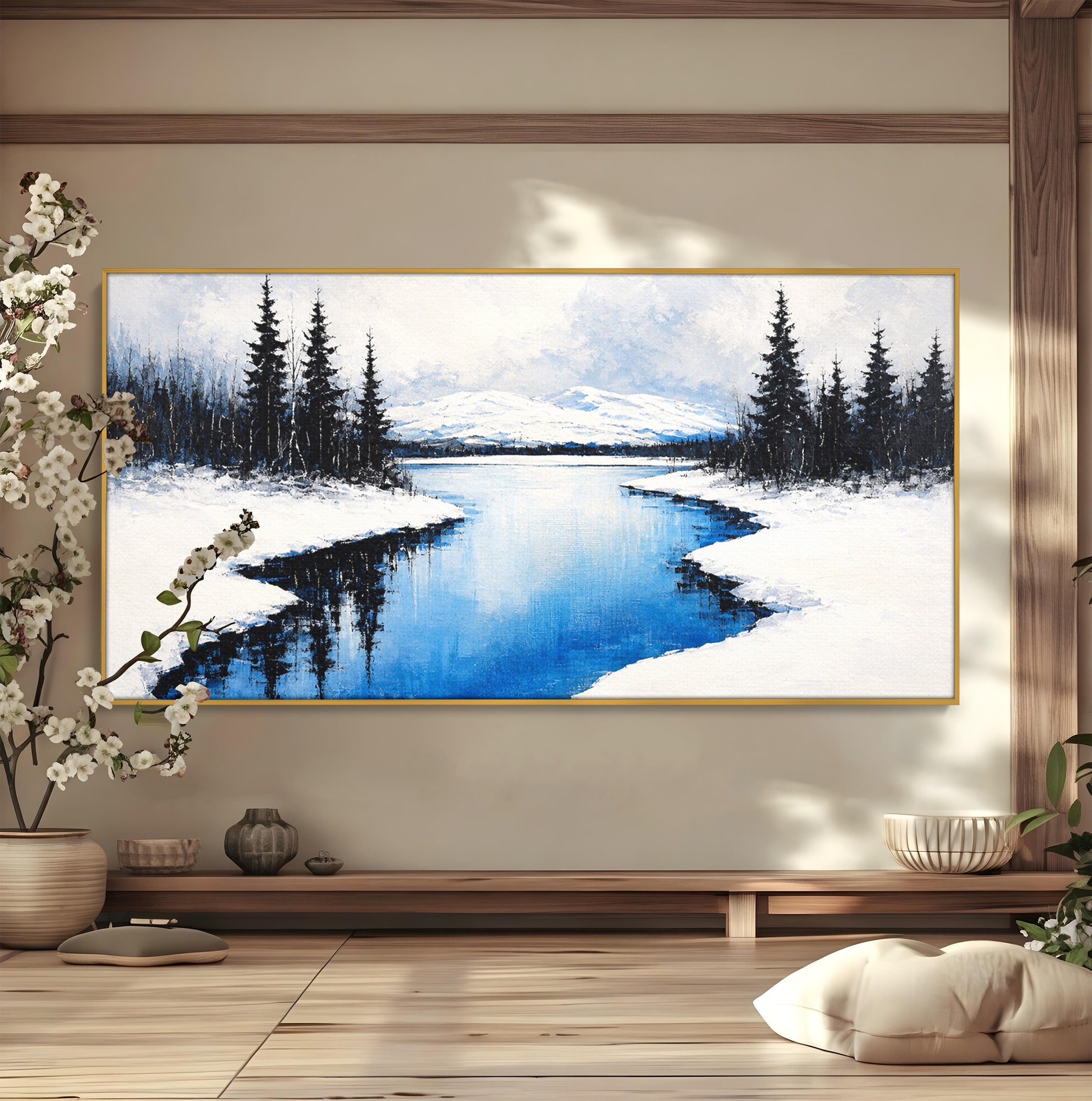Tablou Canvas Premium LuxCanva® A1713, Peisaj De Iarna Cu Rau, Peisaj, Iarna, Rau, Munti, Living, Culori Vibrante
