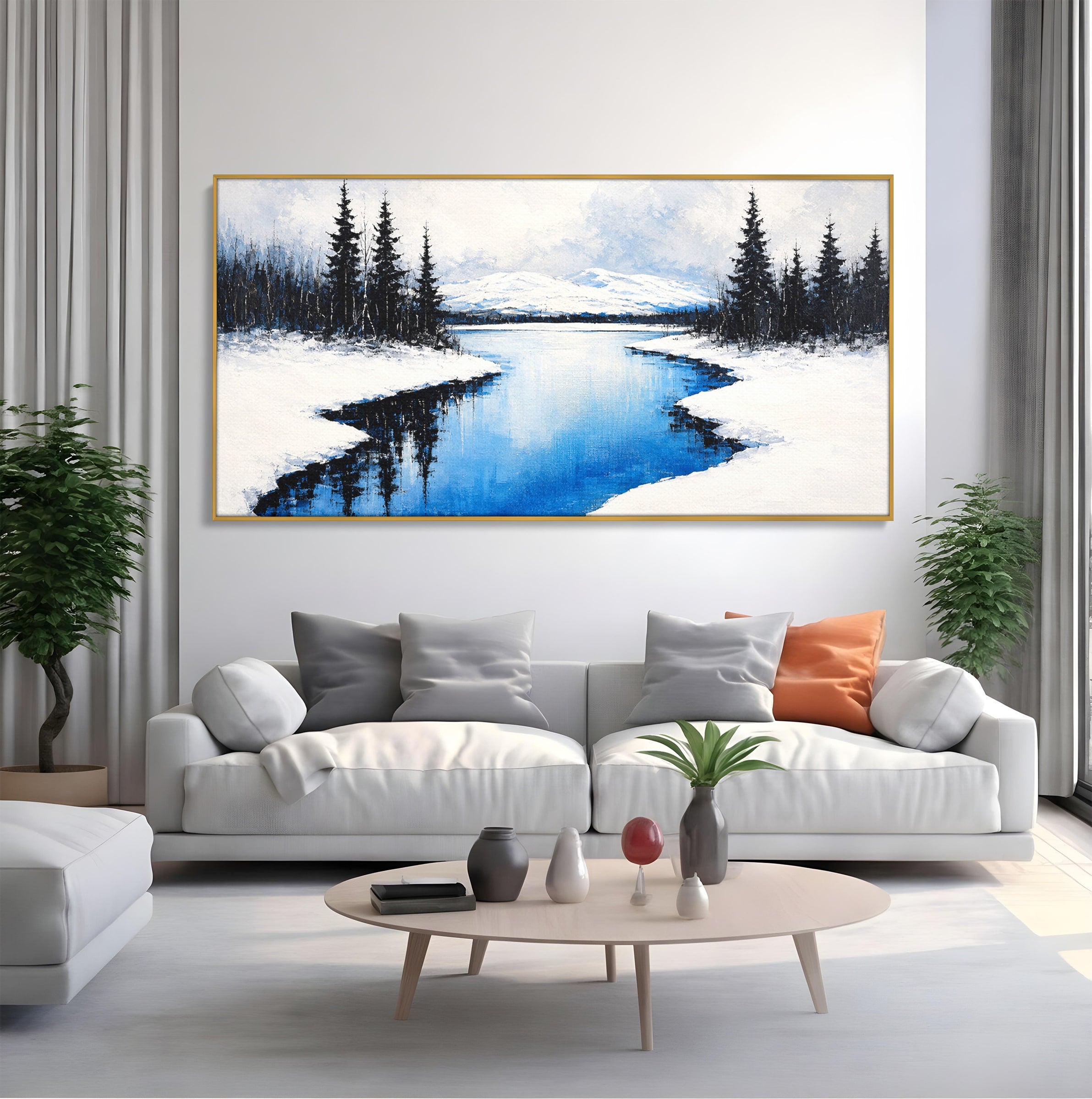 Tablou Canvas Premium LuxCanva® A1713, Peisaj De Iarna Cu Rau, Peisaj, Iarna, Rau, Munti, Living, Culori Vibrante