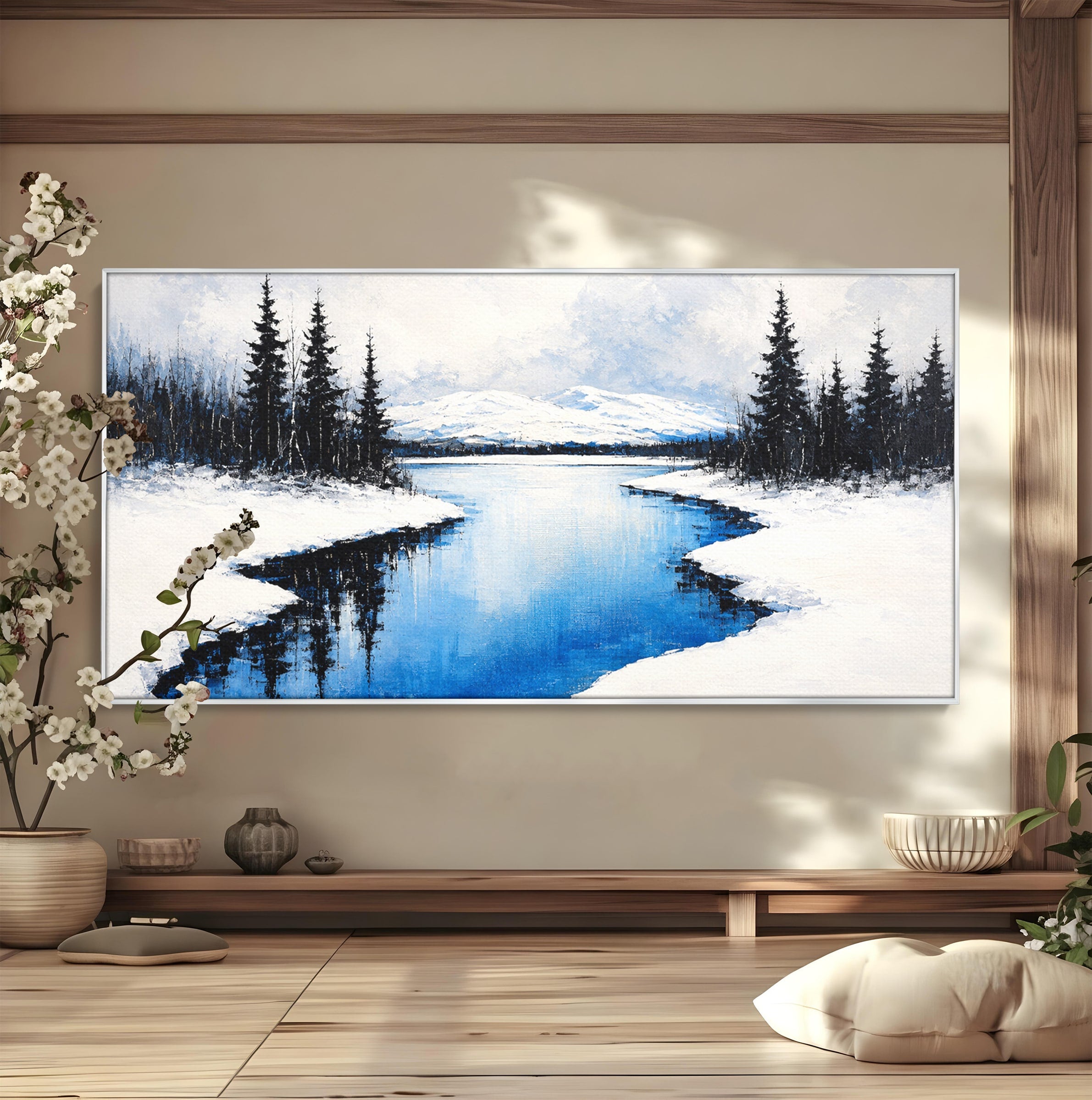 Tablou Canvas Premium LuxCanva® A1713, Peisaj De Iarna Cu Rau, Peisaj, Iarna, Rau, Munti, Living, Culori Vibrante