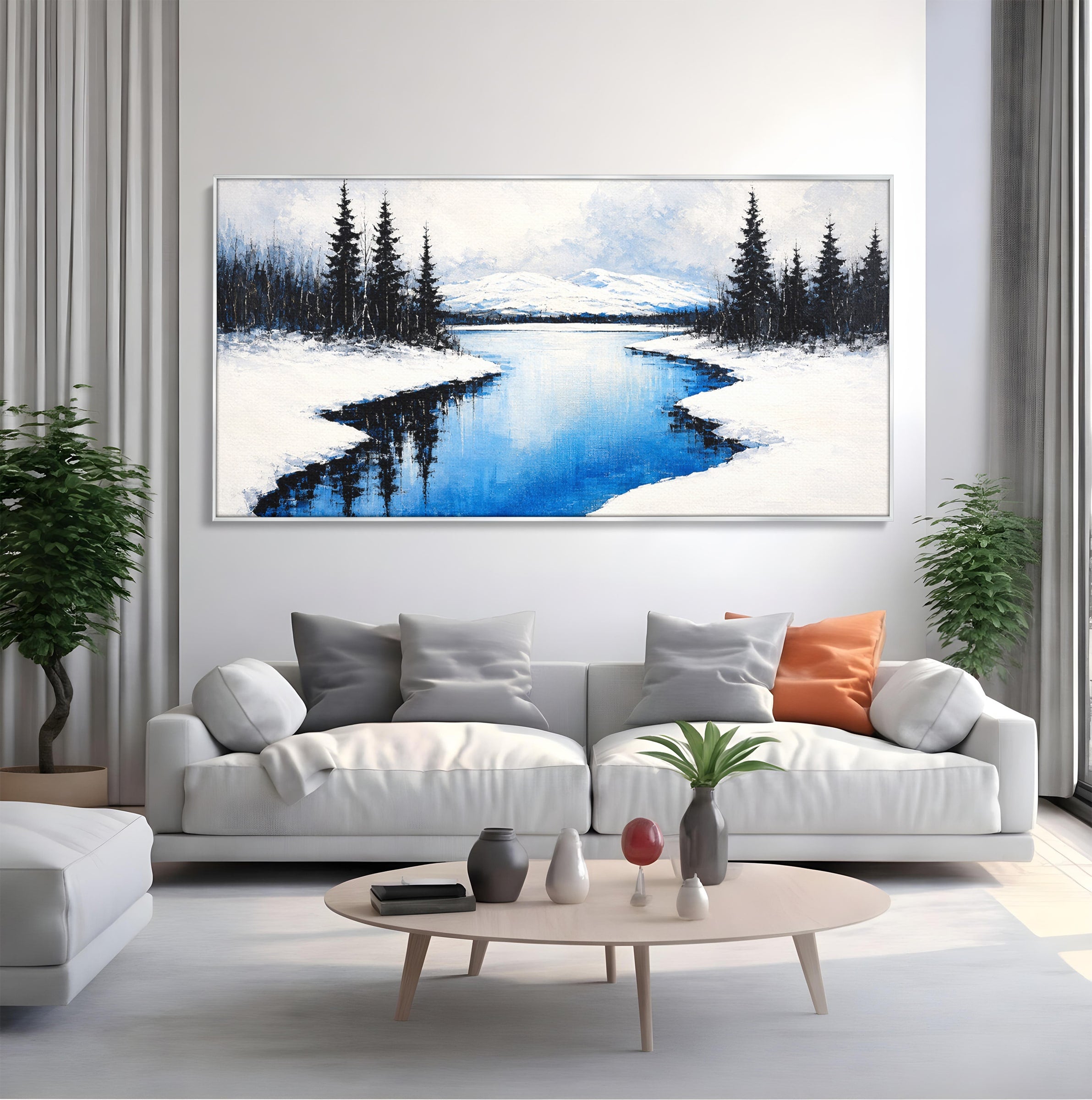 Tablou Canvas Premium LuxCanva® A1713, Peisaj De Iarna Cu Rau, Peisaj, Iarna, Rau, Munti, Living, Culori Vibrante