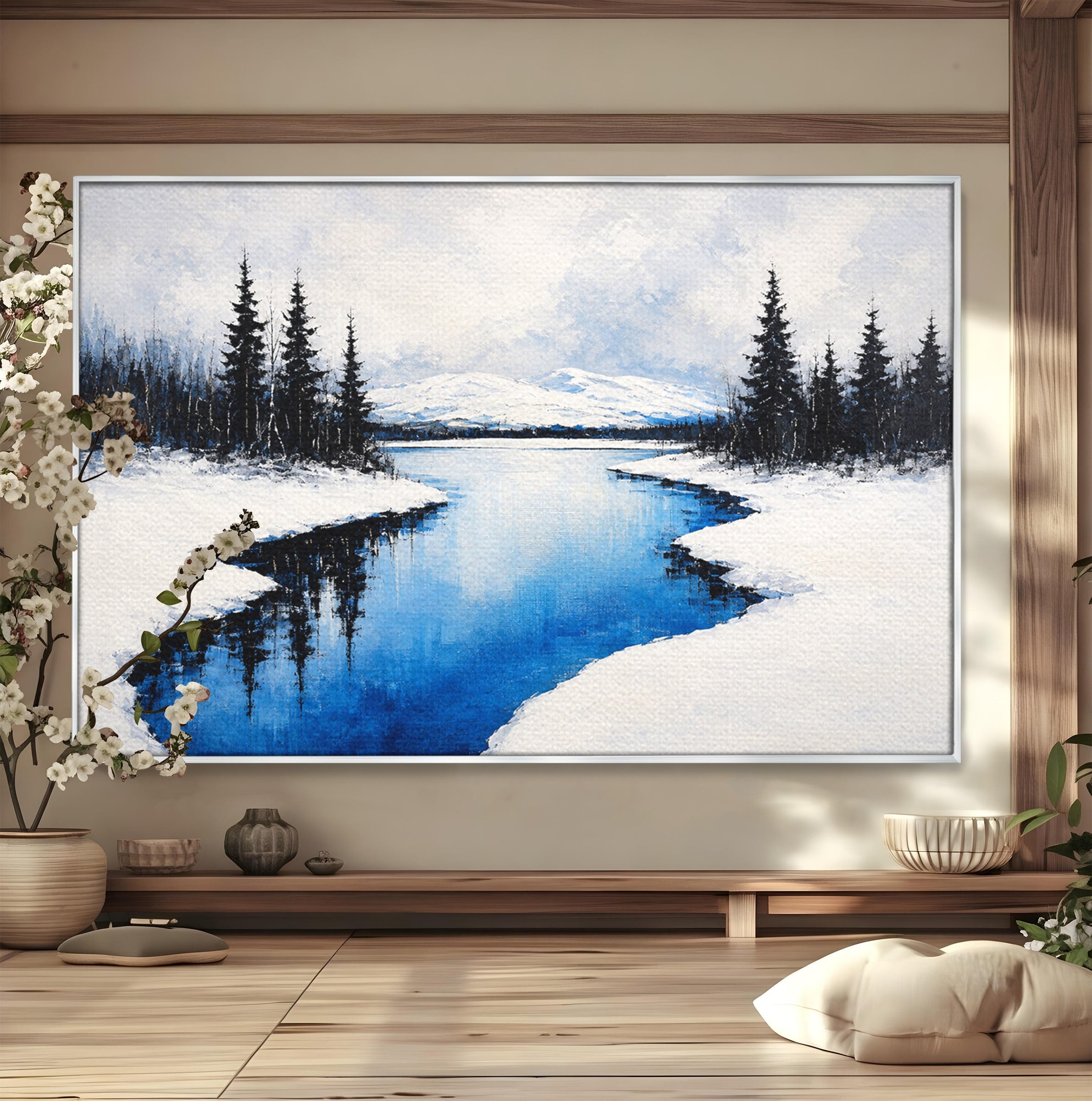 Tablou Canvas Premium LuxCanva® A1713, Peisaj De Iarna Cu Rau, Peisaj, Iarna, Rau, Munti, Living, Culori Vibrante