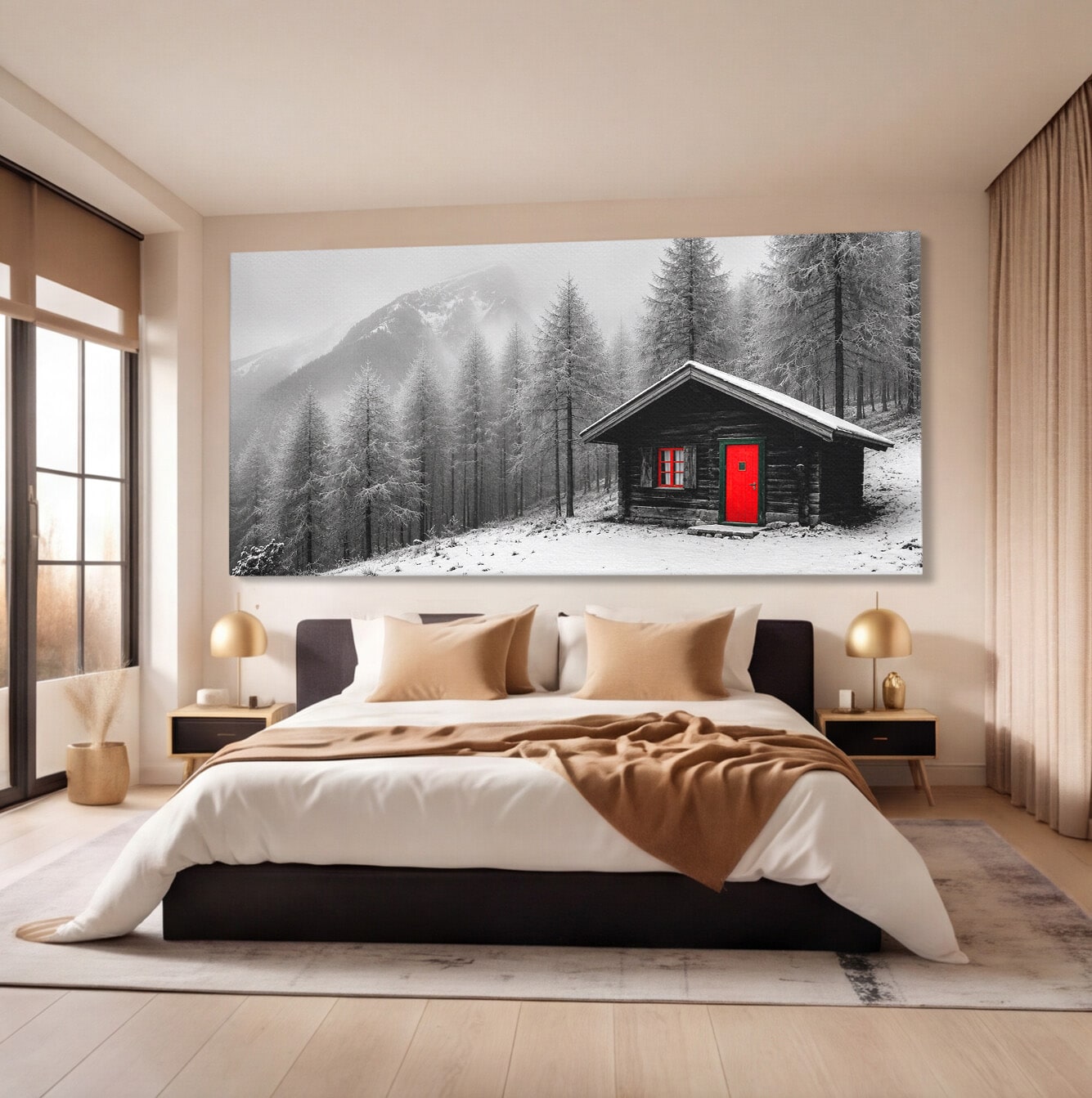 Tablou Canvas Premium LuxCanva® A1715, Cabana In Zapada, Cabana, Iarna, Padure, Peisaj, Dormitor, Living, Culori Vibrante