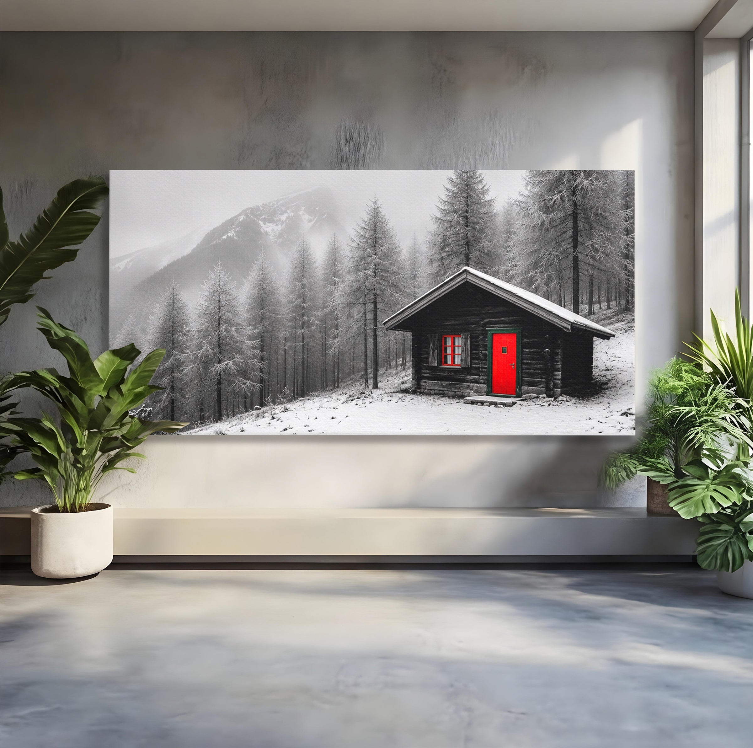 Tablou Canvas Premium LuxCanva® A1715, Cabana In Zapada, Cabana, Iarna, Padure, Peisaj, Dormitor, Living, Culori Vibrante