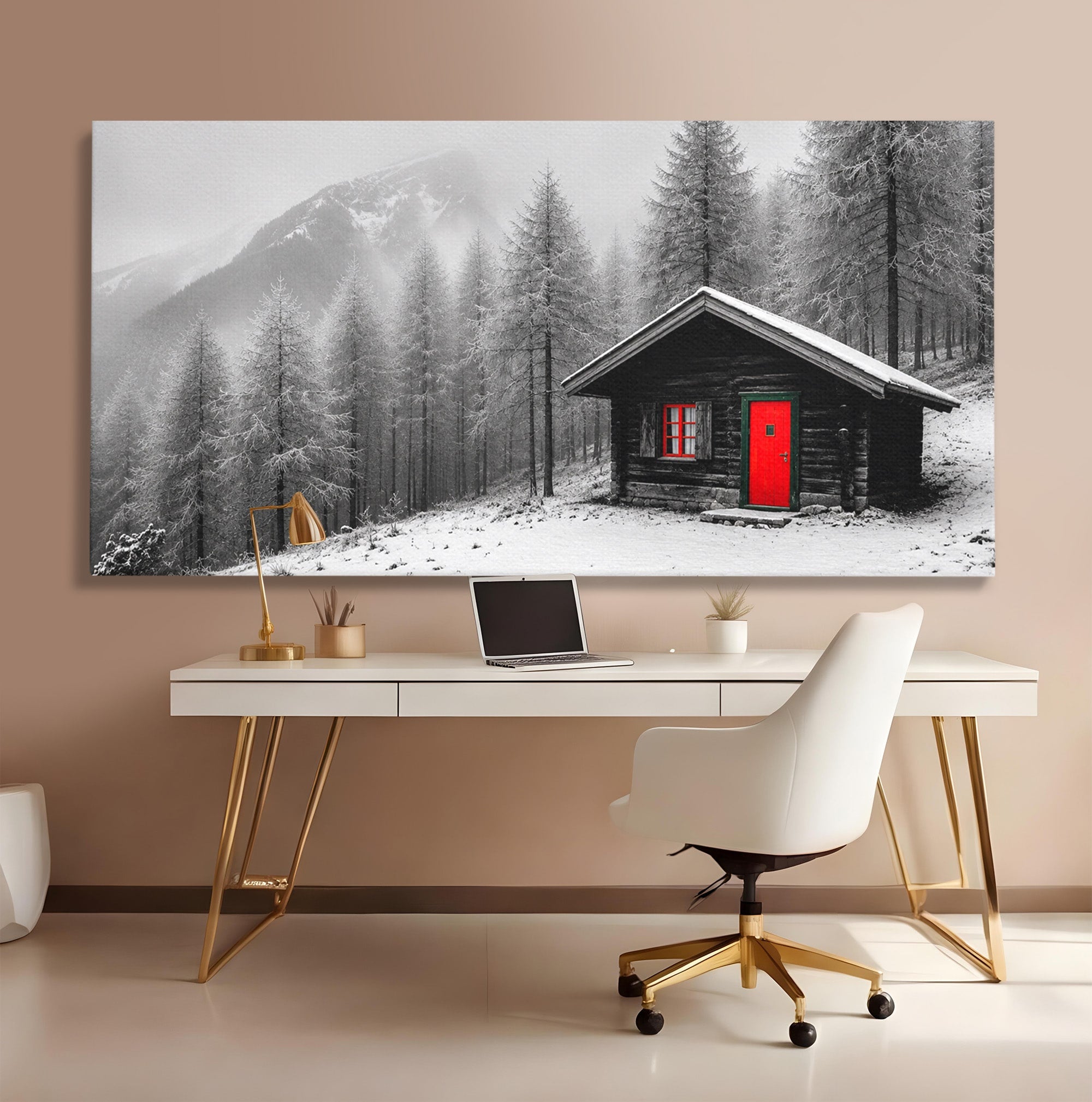 Tablou Canvas Premium LuxCanva® A1715, Cabana In Zapada, Cabana, Iarna, Padure, Peisaj, Dormitor, Living, Culori Vibrante