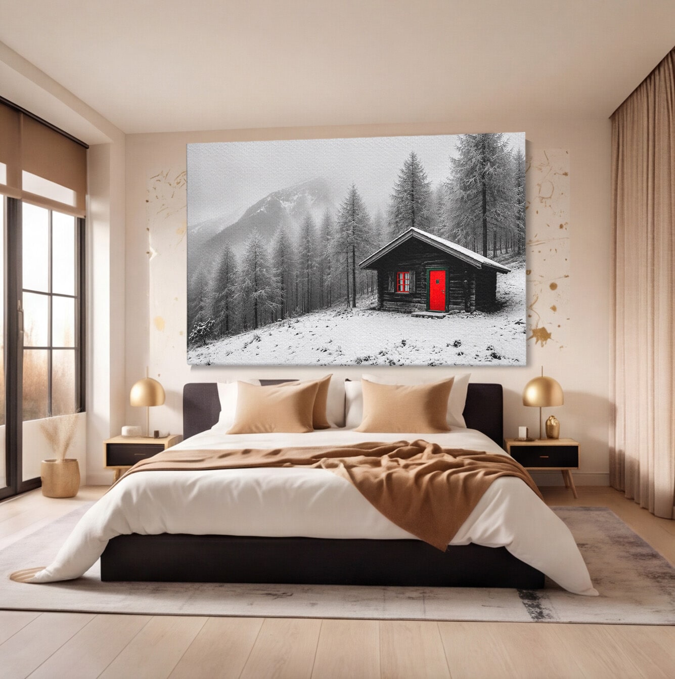 Tablou Canvas Premium LuxCanva® A1715, Cabana In Zapada, Cabana, Iarna, Padure, Peisaj, Dormitor, Living, Culori Vibrante