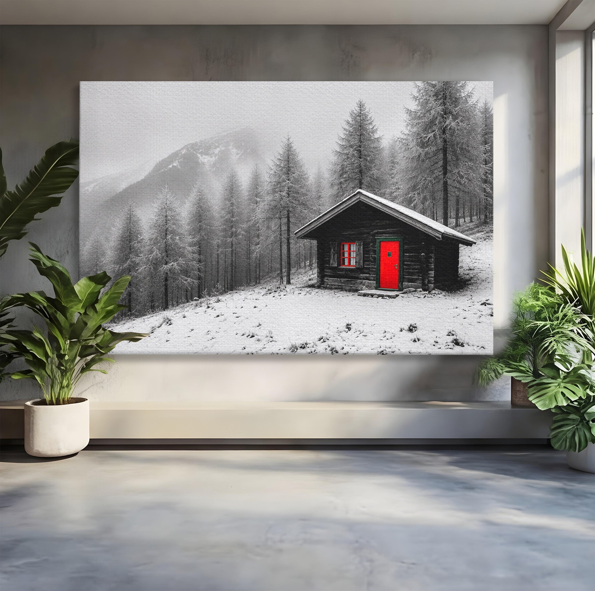 Tablou Canvas Premium LuxCanva® A1715, Cabana In Zapada, Cabana, Iarna, Padure, Peisaj, Dormitor, Living, Culori Vibrante