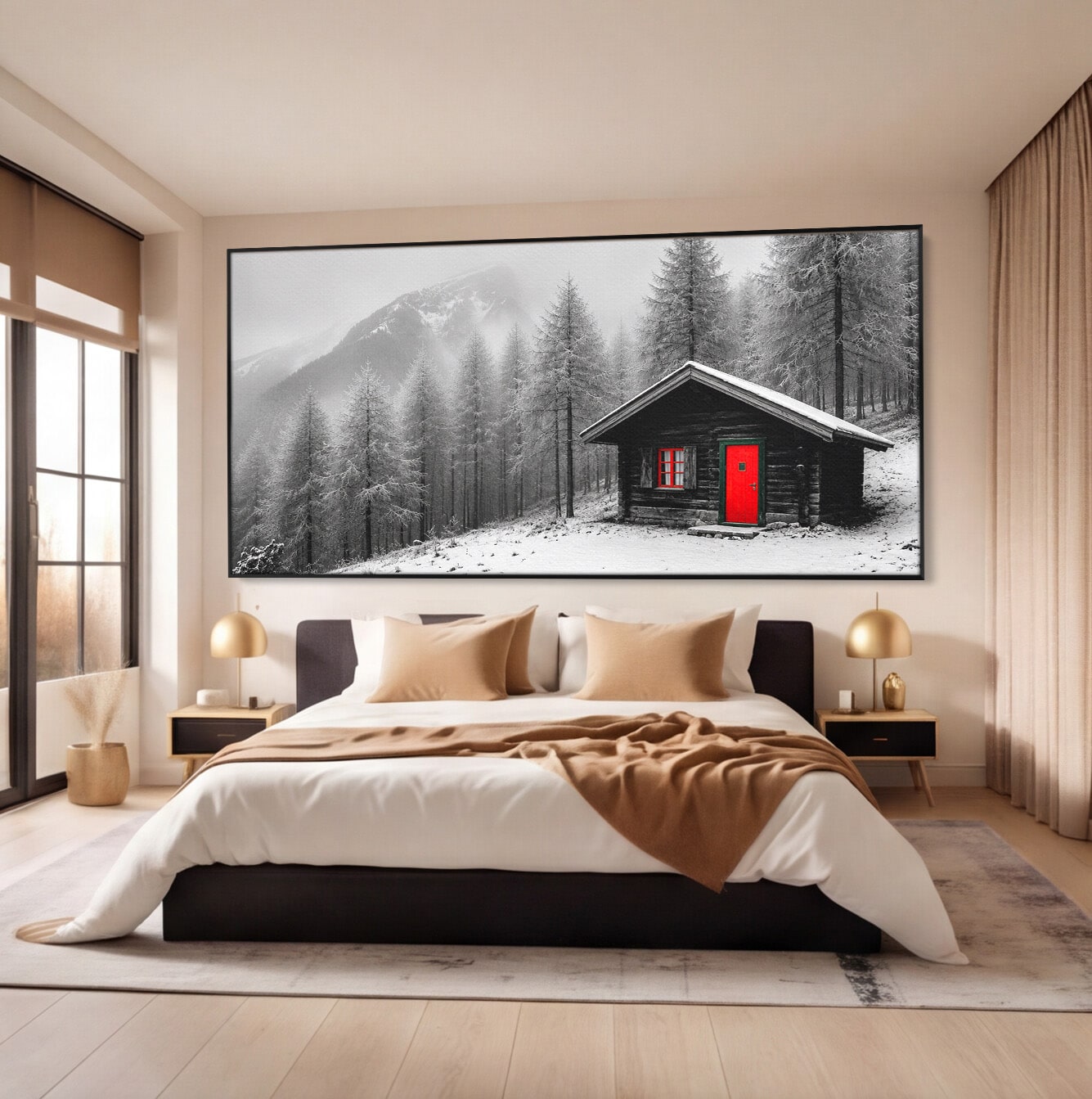 Tablou Canvas Premium LuxCanva® A1715, Cabana In Zapada, Cabana, Iarna, Padure, Peisaj, Dormitor, Living, Culori Vibrante