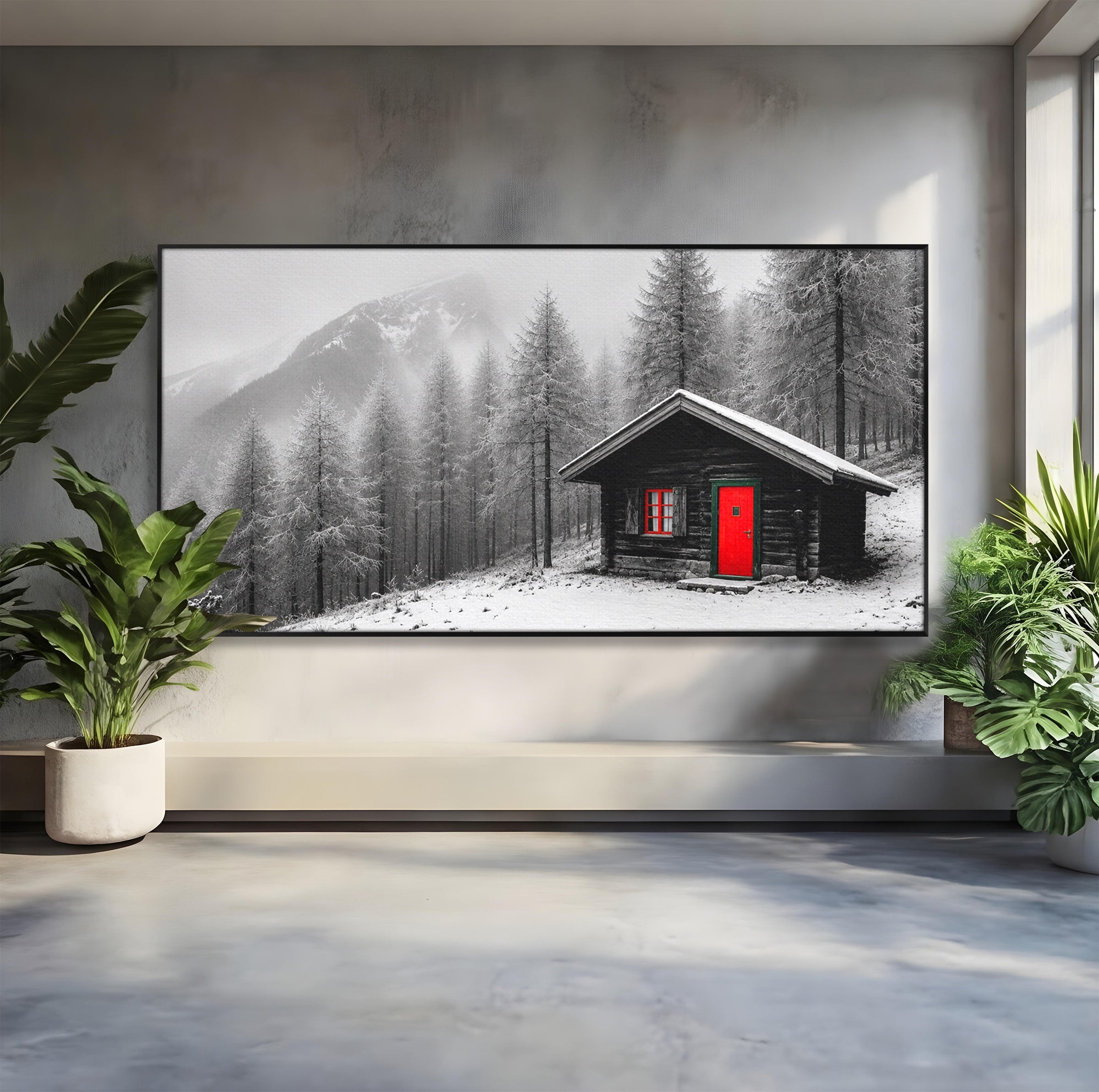 Tablou Canvas Premium LuxCanva® A1715, Cabana In Zapada, Cabana, Iarna, Padure, Peisaj, Dormitor, Living, Culori Vibrante
