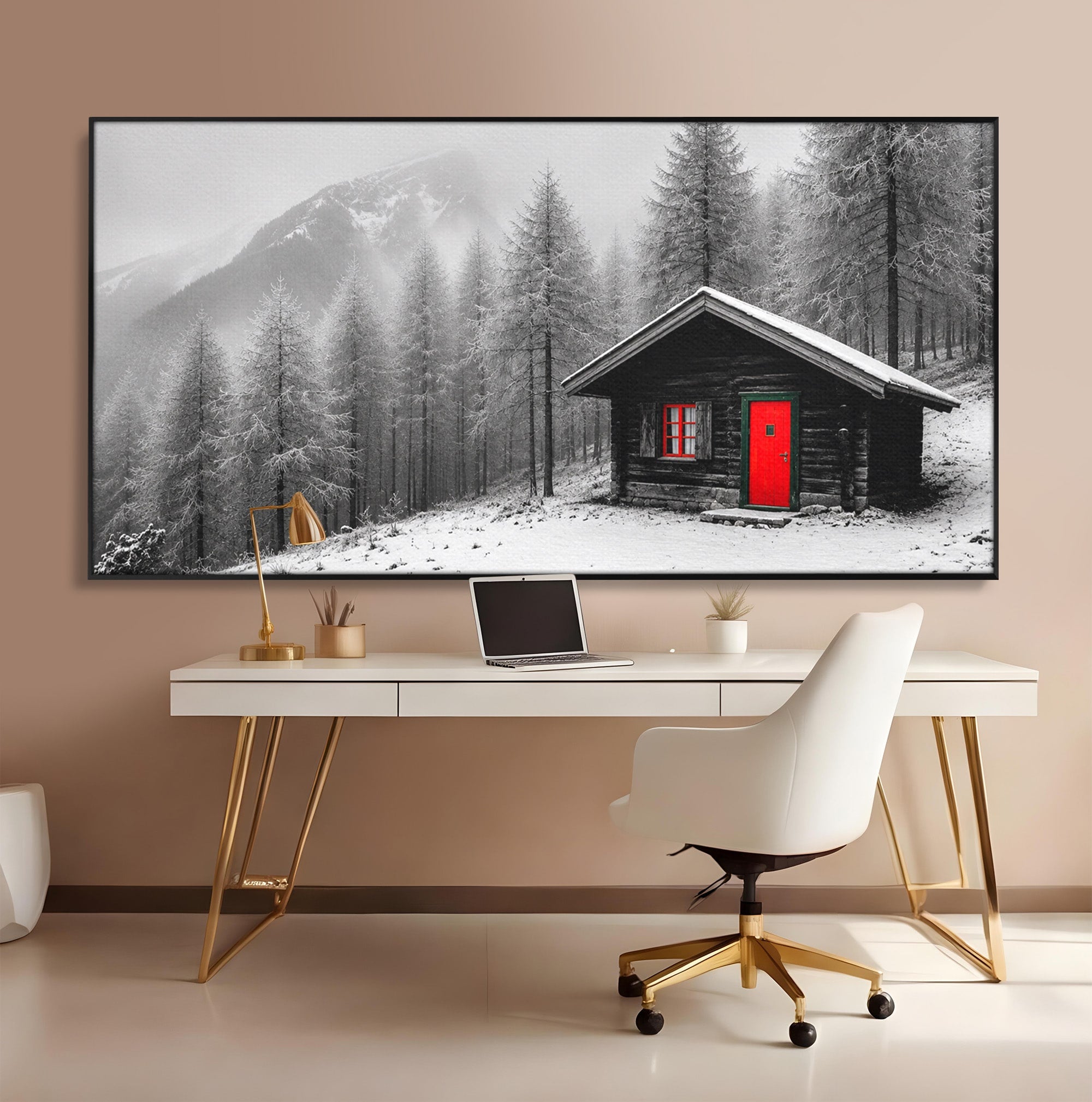 Tablou Canvas Premium LuxCanva® A1715, Cabana In Zapada, Cabana, Iarna, Padure, Peisaj, Dormitor, Living, Culori Vibrante