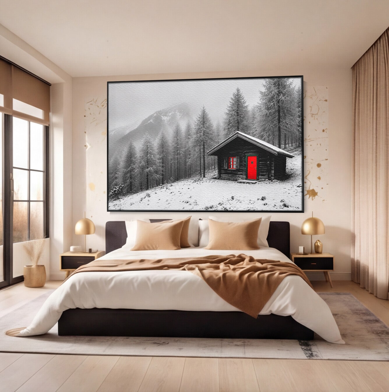 Tablou Canvas Premium LuxCanva® A1715, Cabana In Zapada, Cabana, Iarna, Padure, Peisaj, Dormitor, Living, Culori Vibrante