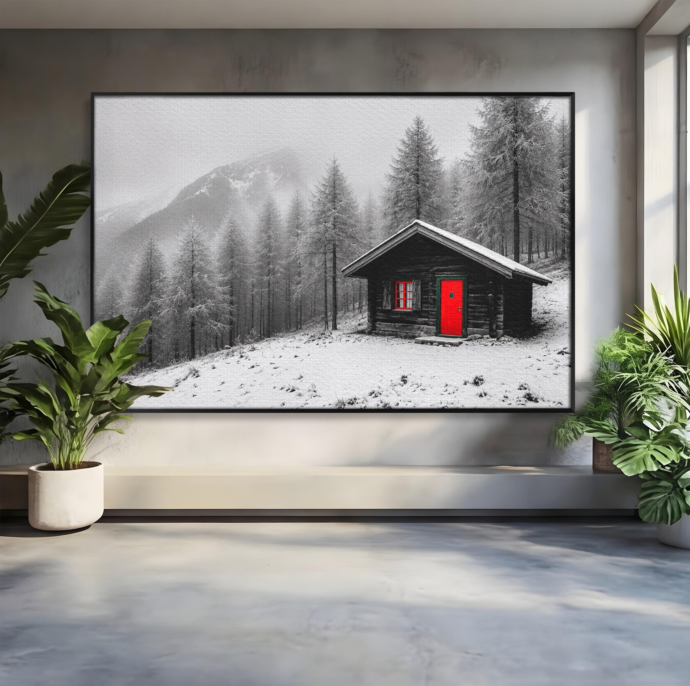 Tablou Canvas Premium LuxCanva® A1715, Cabana In Zapada, Cabana, Iarna, Padure, Peisaj, Dormitor, Living, Culori Vibrante