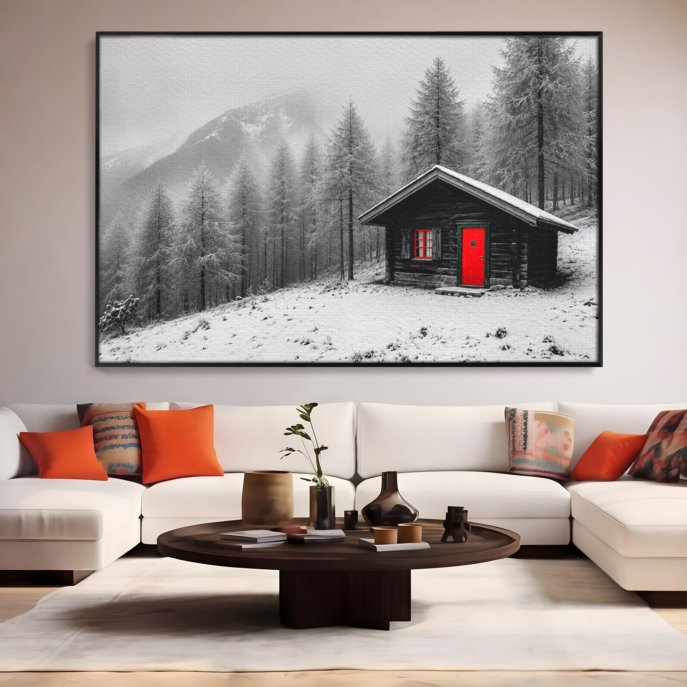 Tablou Canvas Premium LuxCanva® A1715, Cabana In Zapada, Cabana, Iarna, Padure, Peisaj, Dormitor, Living, Culori Vibrante
