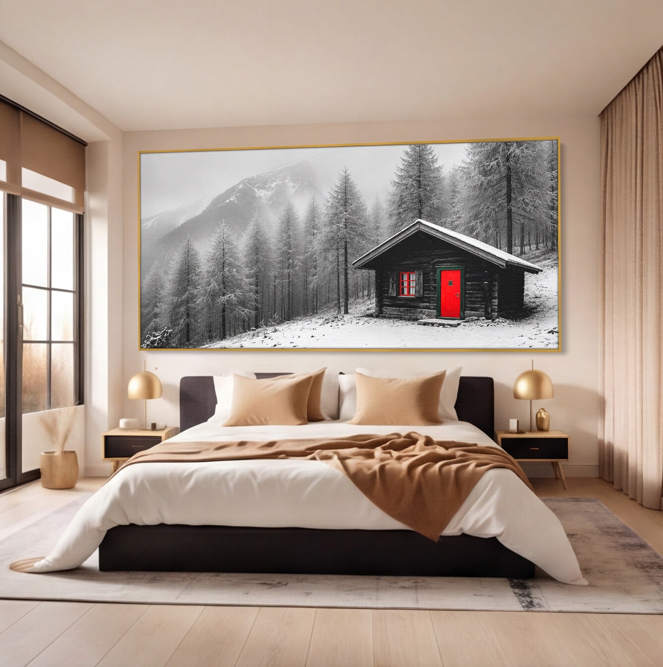 Tablou Canvas Premium LuxCanva® A1715, Cabana In Zapada, Cabana, Iarna, Padure, Peisaj, Dormitor, Living, Culori Vibrante