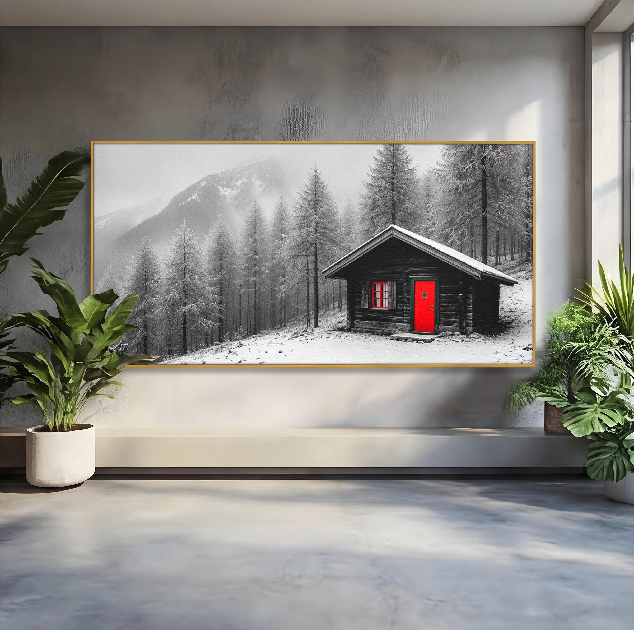 Tablou Canvas Premium LuxCanva® A1715, Cabana In Zapada, Cabana, Iarna, Padure, Peisaj, Dormitor, Living, Culori Vibrante