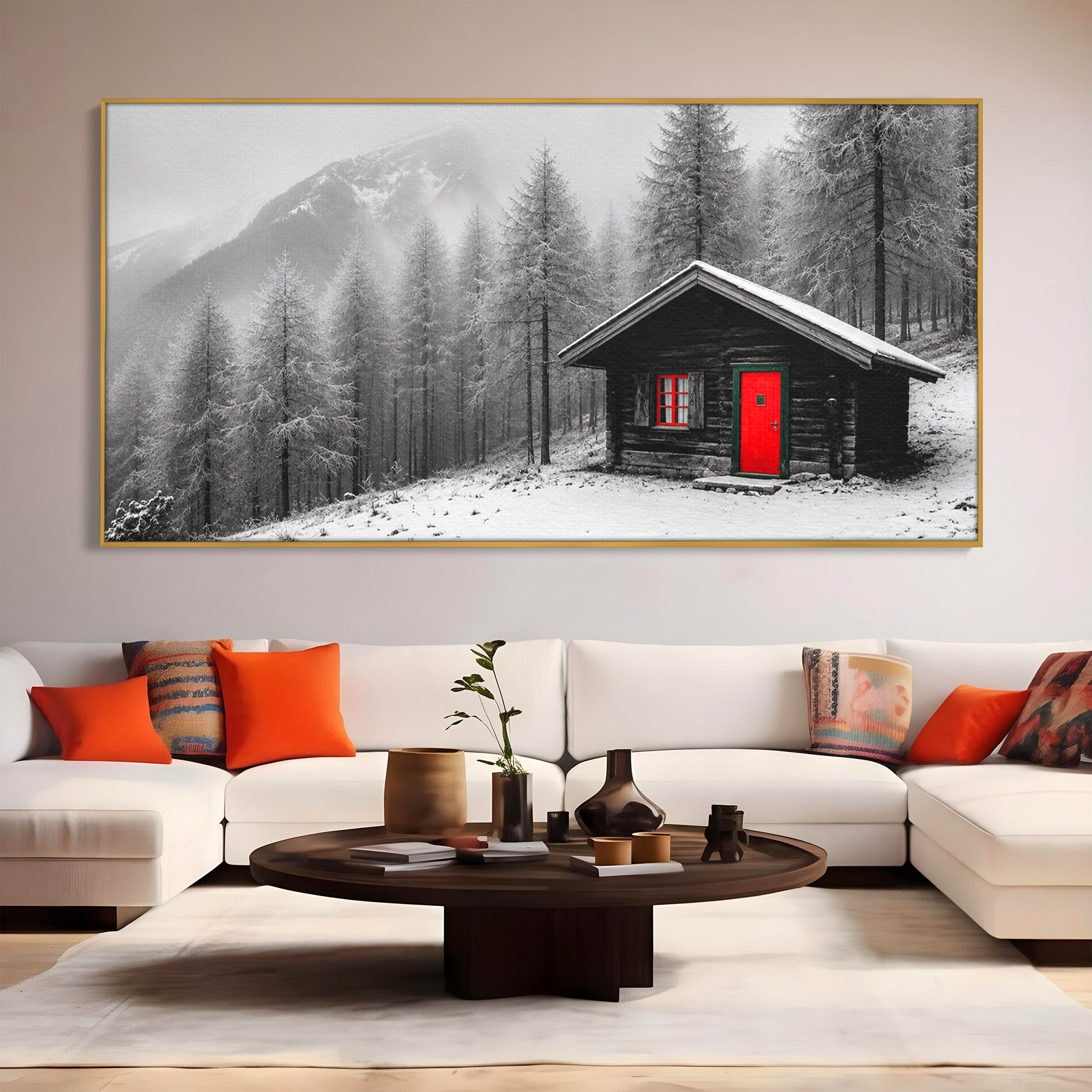 Tablou Canvas Premium LuxCanva® A1715, Cabana In Zapada, Cabana, Iarna, Padure, Peisaj, Dormitor, Living, Culori Vibrante