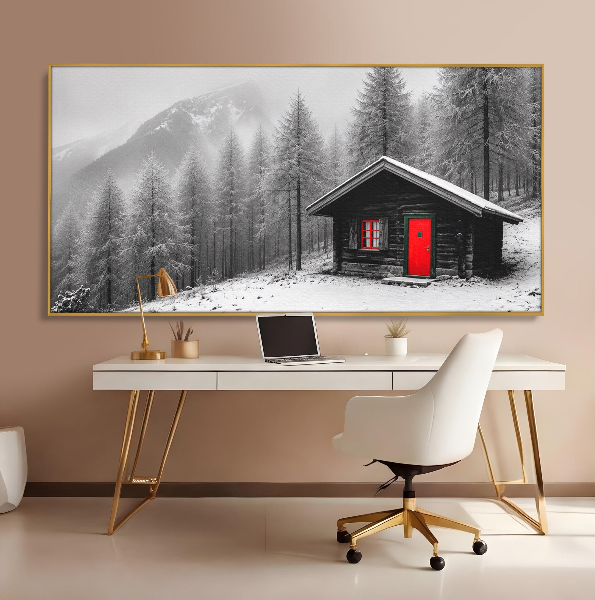 Tablou Canvas Premium LuxCanva® A1715, Cabana In Zapada, Cabana, Iarna, Padure, Peisaj, Dormitor, Living, Culori Vibrante