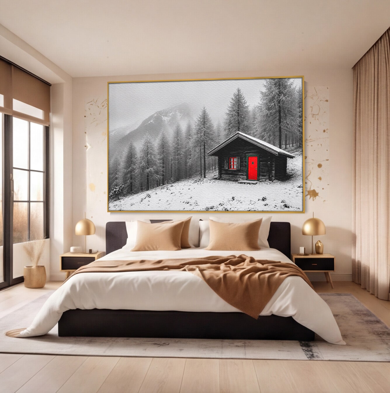 Tablou Canvas Premium LuxCanva® A1715, Cabana In Zapada, Cabana, Iarna, Padure, Peisaj, Dormitor, Living, Culori Vibrante