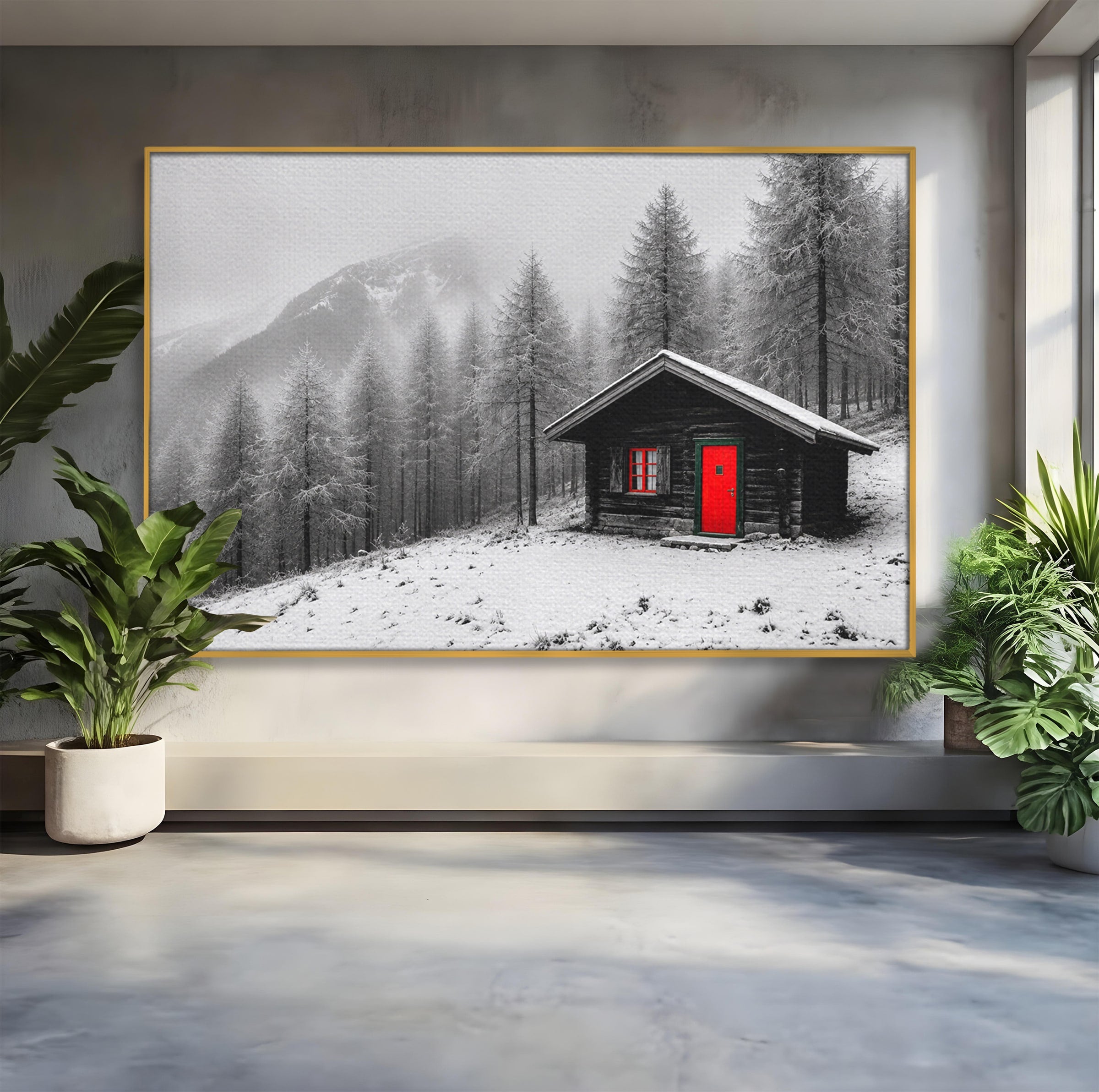 Tablou Canvas Premium LuxCanva® A1715, Cabana In Zapada, Cabana, Iarna, Padure, Peisaj, Dormitor, Living, Culori Vibrante