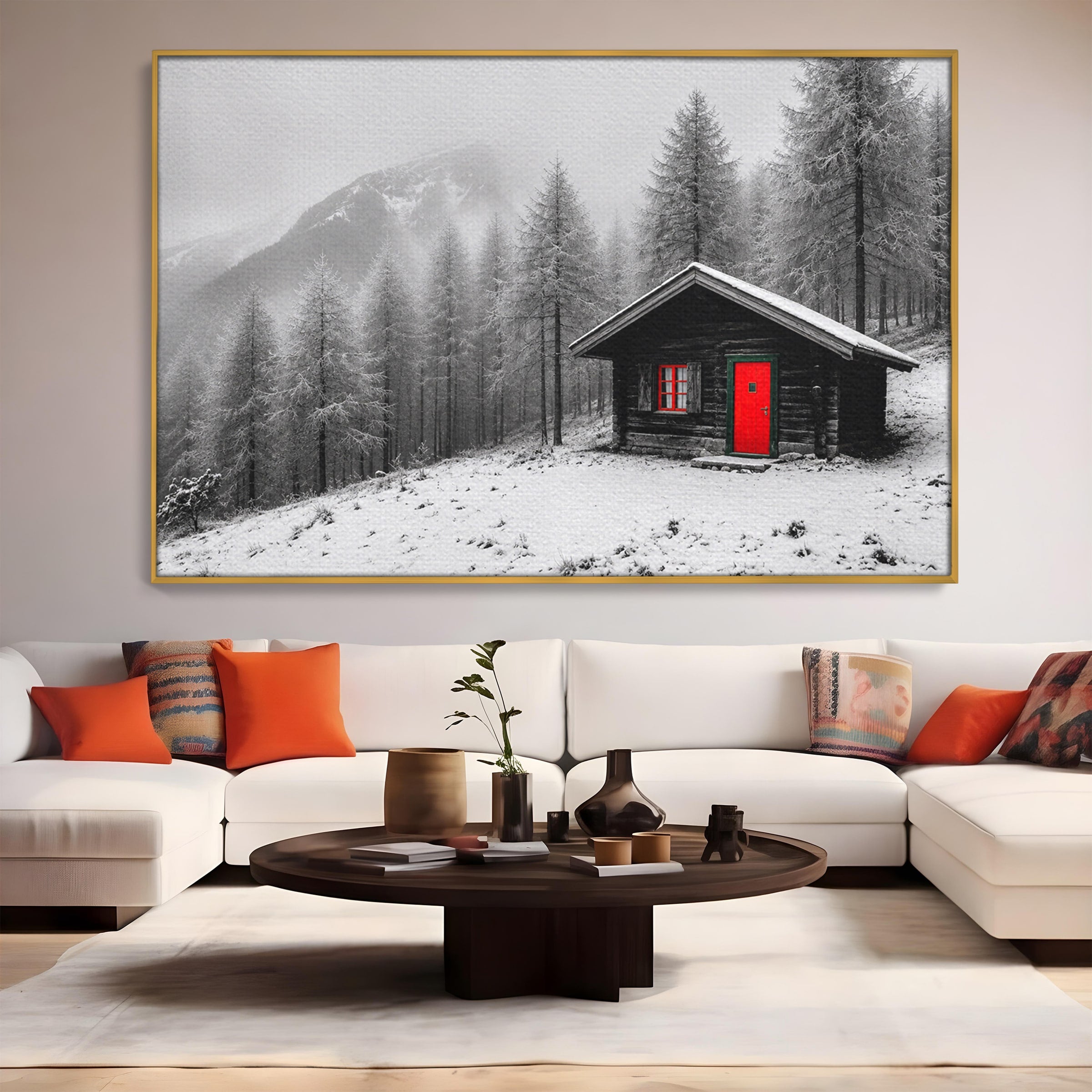 Tablou Canvas Premium LuxCanva® A1715, Cabana In Zapada, Cabana, Iarna, Padure, Peisaj, Dormitor, Living, Culori Vibrante