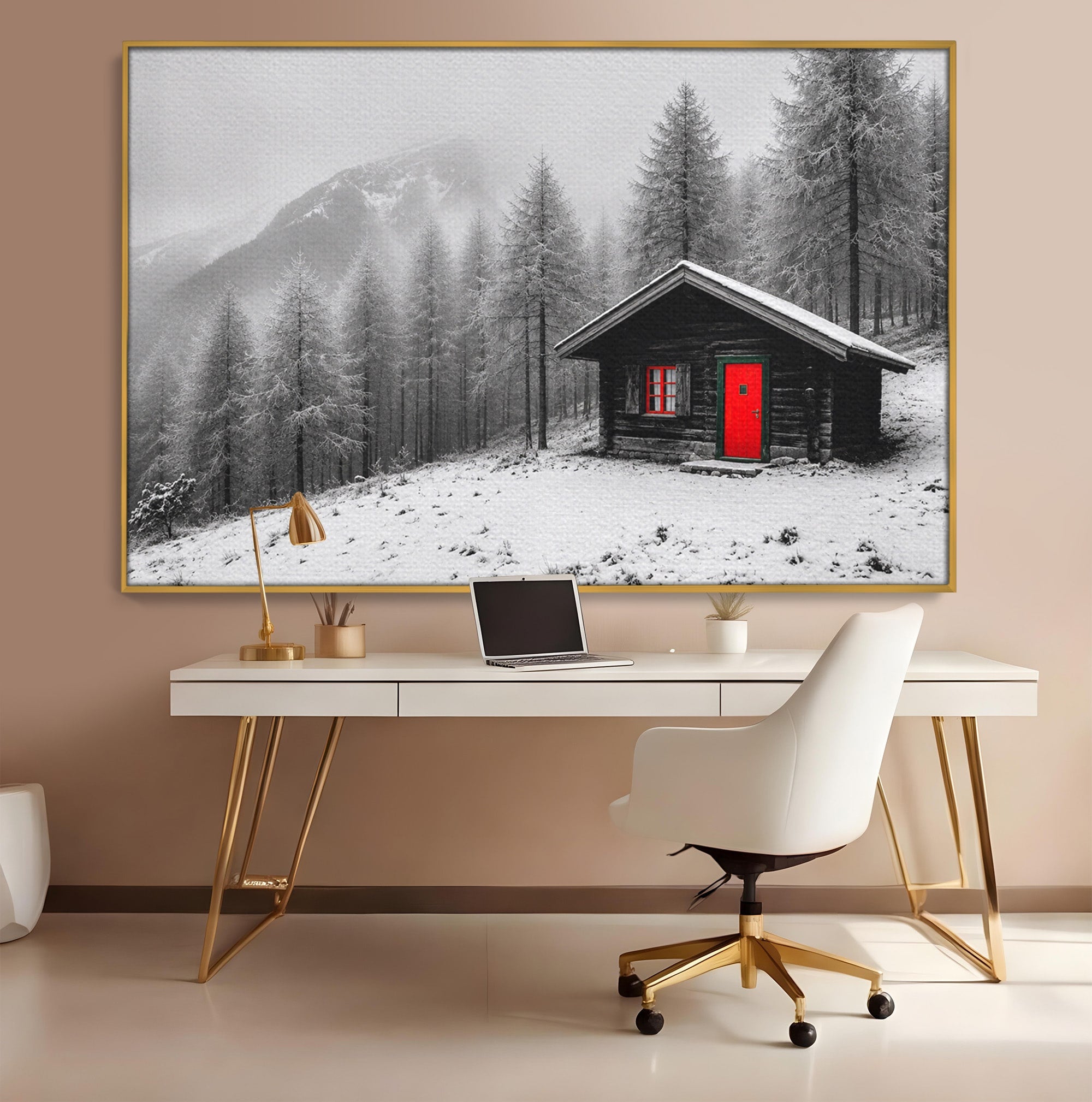 Tablou Canvas Premium LuxCanva® A1715, Cabana In Zapada, Cabana, Iarna, Padure, Peisaj, Dormitor, Living, Culori Vibrante