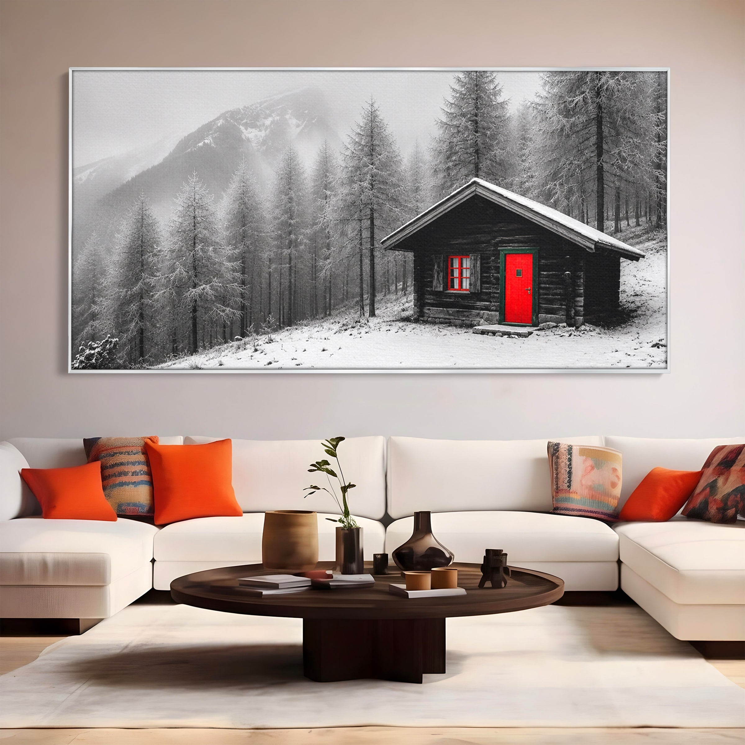 Tablou Canvas Premium LuxCanva® A1715, Cabana In Zapada, Cabana, Iarna, Padure, Peisaj, Dormitor, Living, Culori Vibrante