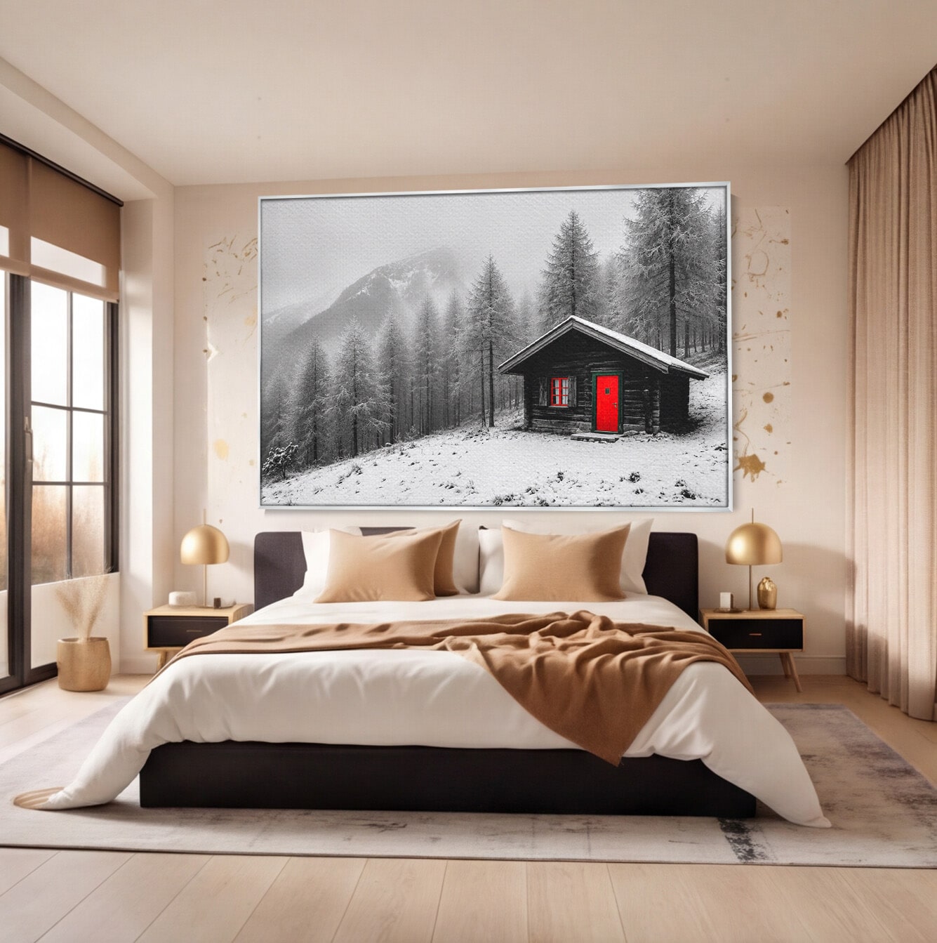 Tablou Canvas Premium LuxCanva® A1715, Cabana In Zapada, Cabana, Iarna, Padure, Peisaj, Dormitor, Living, Culori Vibrante