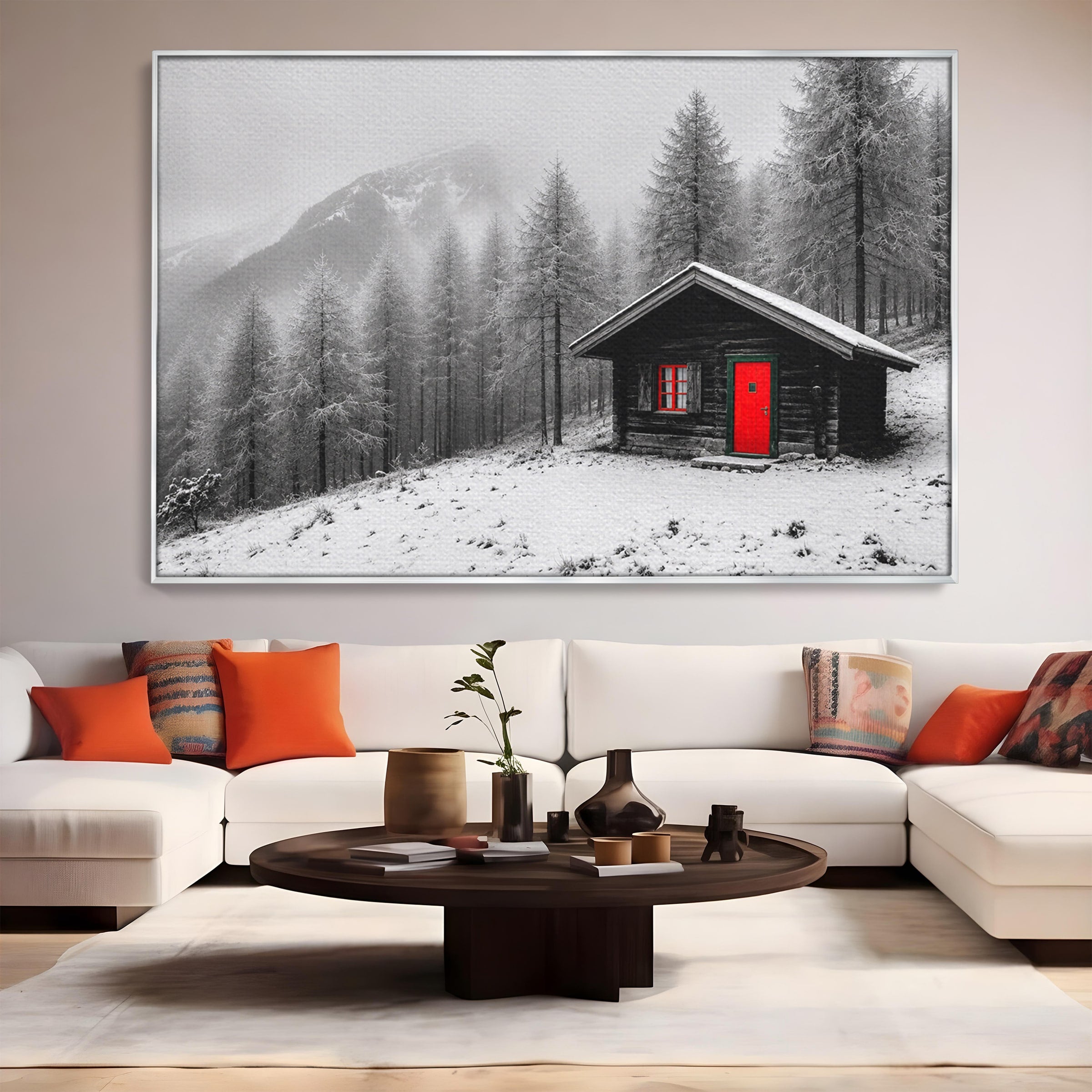 Tablou Canvas Premium LuxCanva® A1715, Cabana In Zapada, Cabana, Iarna, Padure, Peisaj, Dormitor, Living, Culori Vibrante