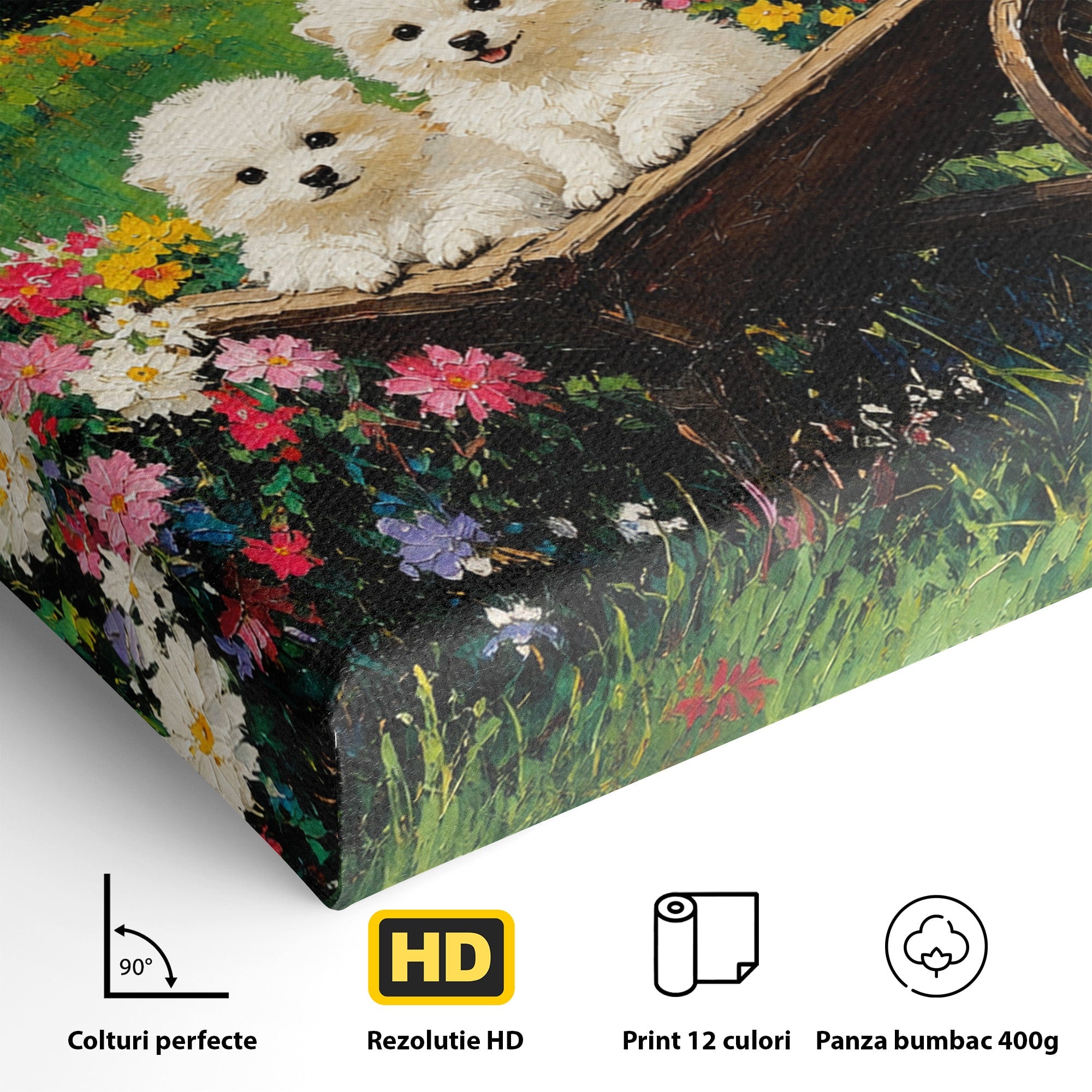Tablou Canvas Premium LuxCanva® A1716, Catelusi In Caruta De Flori, Catelusi, Caruta, Flori, Peisaj, Living, Culori Vibrante
