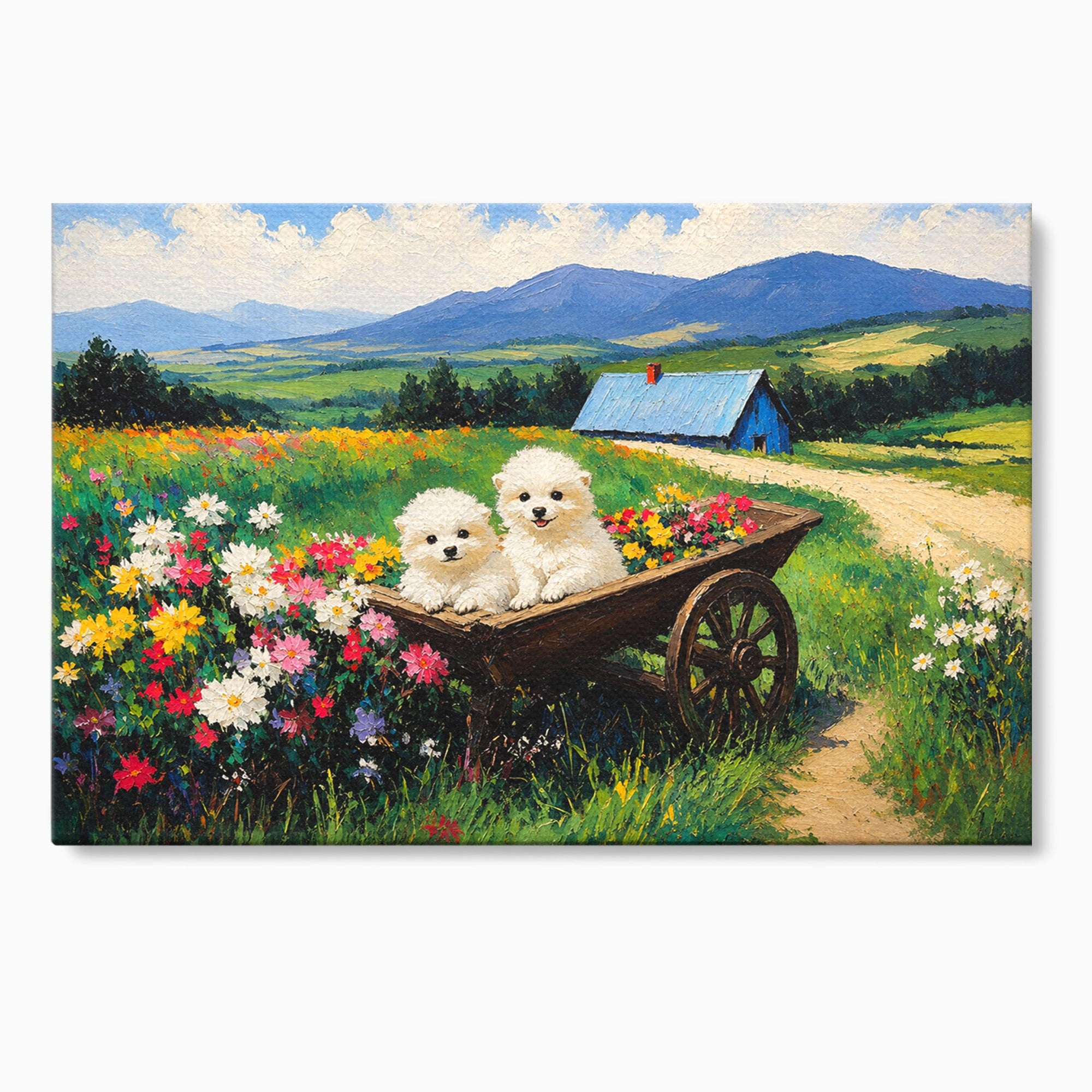 Tablou Canvas Premium LuxCanva® A1716, Catelusi In Caruta De Flori, Catelusi, Caruta, Flori, Peisaj, Living, Culori Vibrante