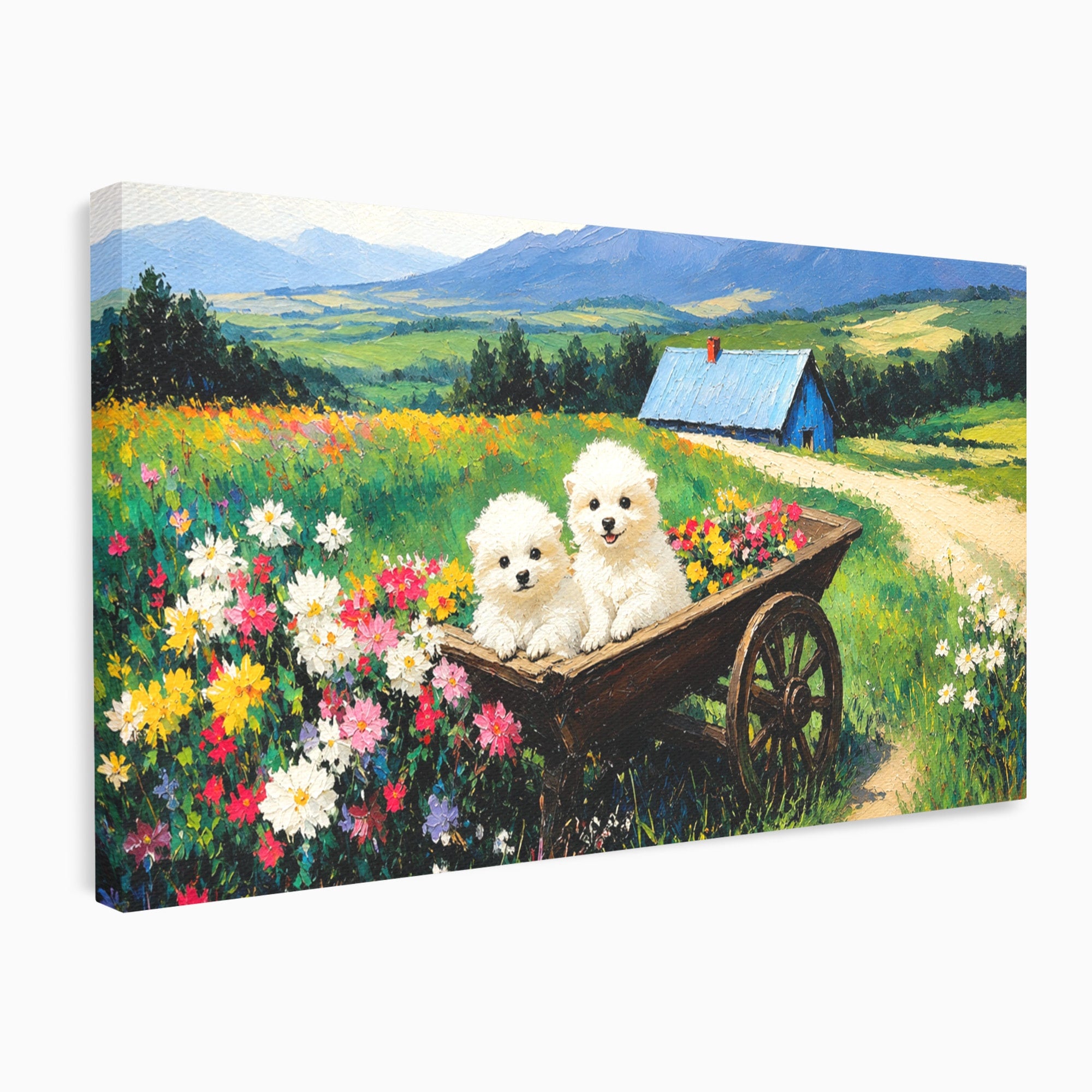 Tablou Canvas Premium LuxCanva® A1716, Catelusi In Caruta De Flori, Catelusi, Caruta, Flori, Peisaj, Living, Culori Vibrante