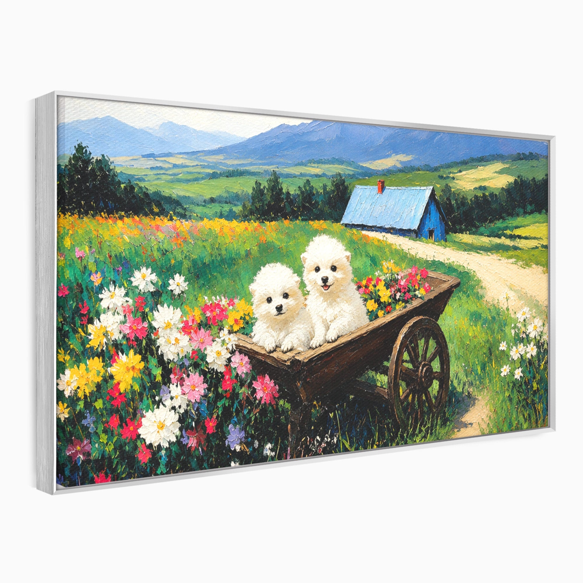 Tablou Canvas Premium LuxCanva® A1716, Catelusi In Caruta De Flori, Catelusi, Caruta, Flori, Peisaj, Living, Culori Vibrante