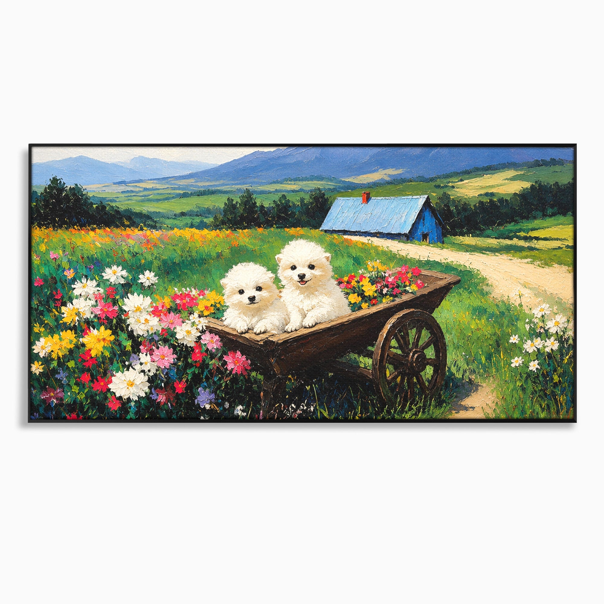 Tablou Canvas Premium LuxCanva® A1716, Catelusi In Caruta De Flori, Catelusi, Caruta, Flori, Peisaj, Living, Culori Vibrante