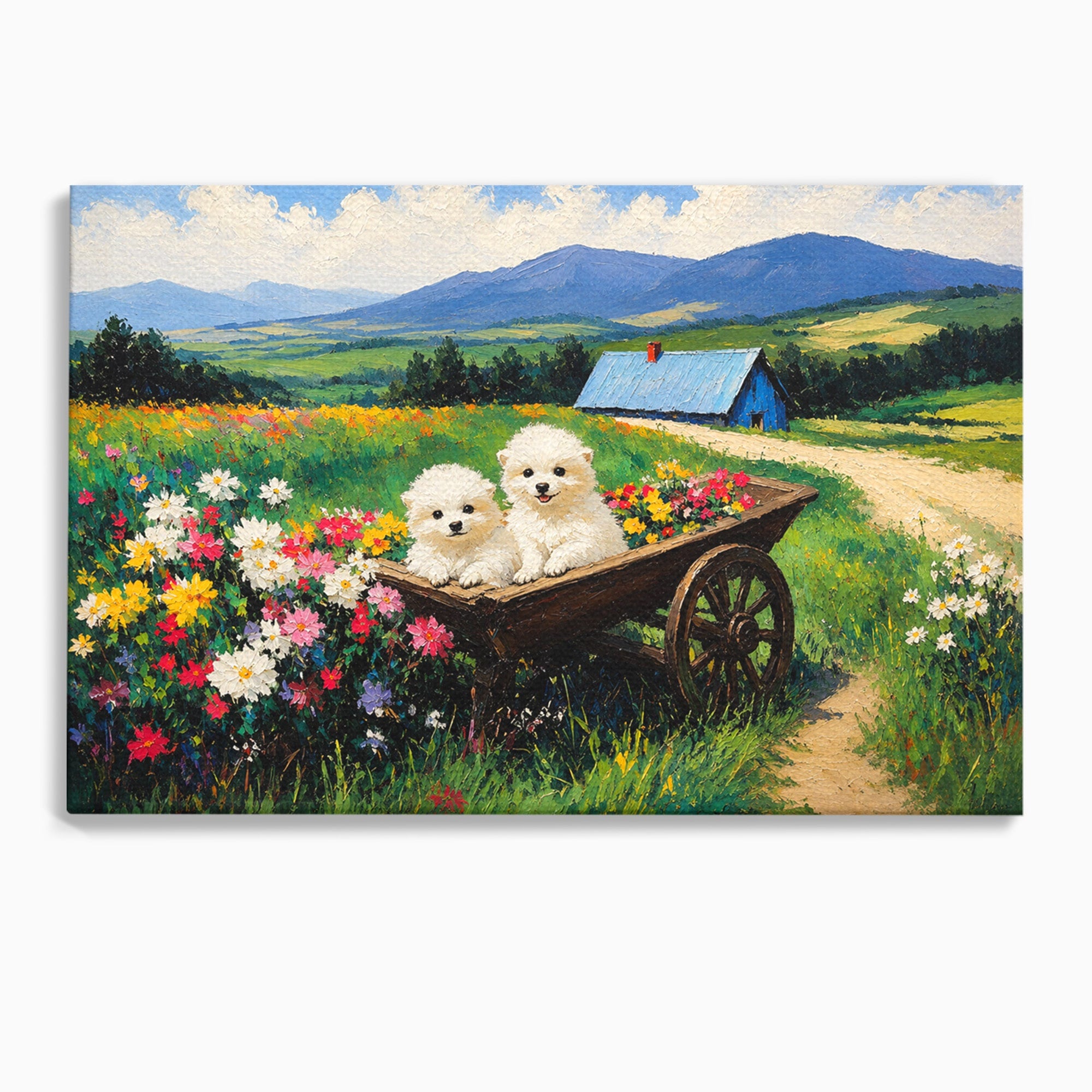 Tablou Canvas Premium LuxCanva® A1716, Catelusi In Caruta De Flori, Catelusi, Caruta, Flori, Peisaj, Living, Culori Vibrante