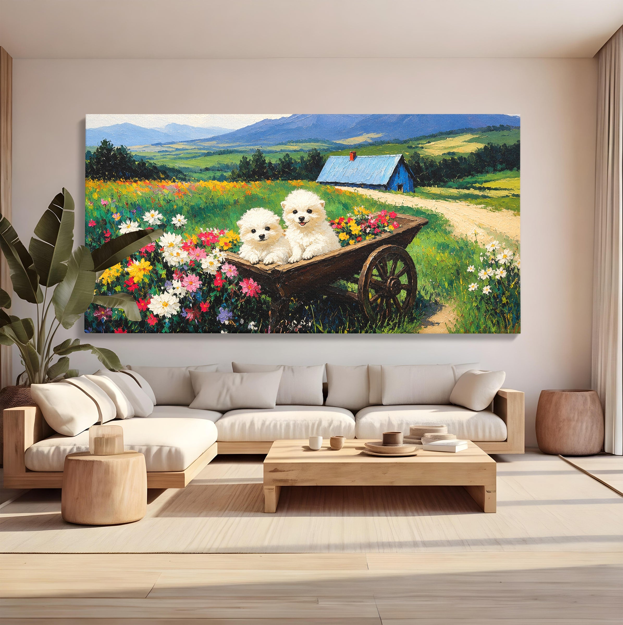Tablou Canvas Premium LuxCanva® A1716, Catelusi In Caruta De Flori, Catelusi, Caruta, Flori, Peisaj, Living, Culori Vibrante