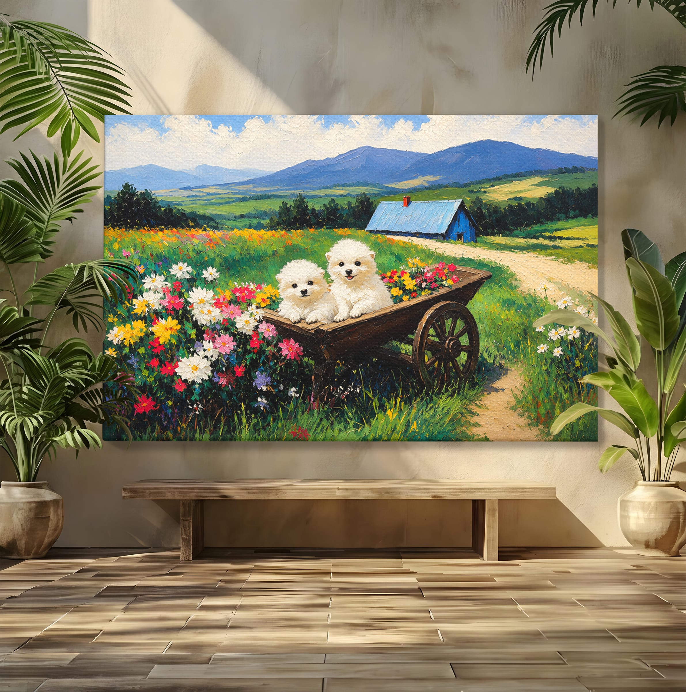 Tablou Canvas Premium LuxCanva® A1716, Catelusi In Caruta De Flori, Catelusi, Caruta, Flori, Peisaj, Living, Culori Vibrante
