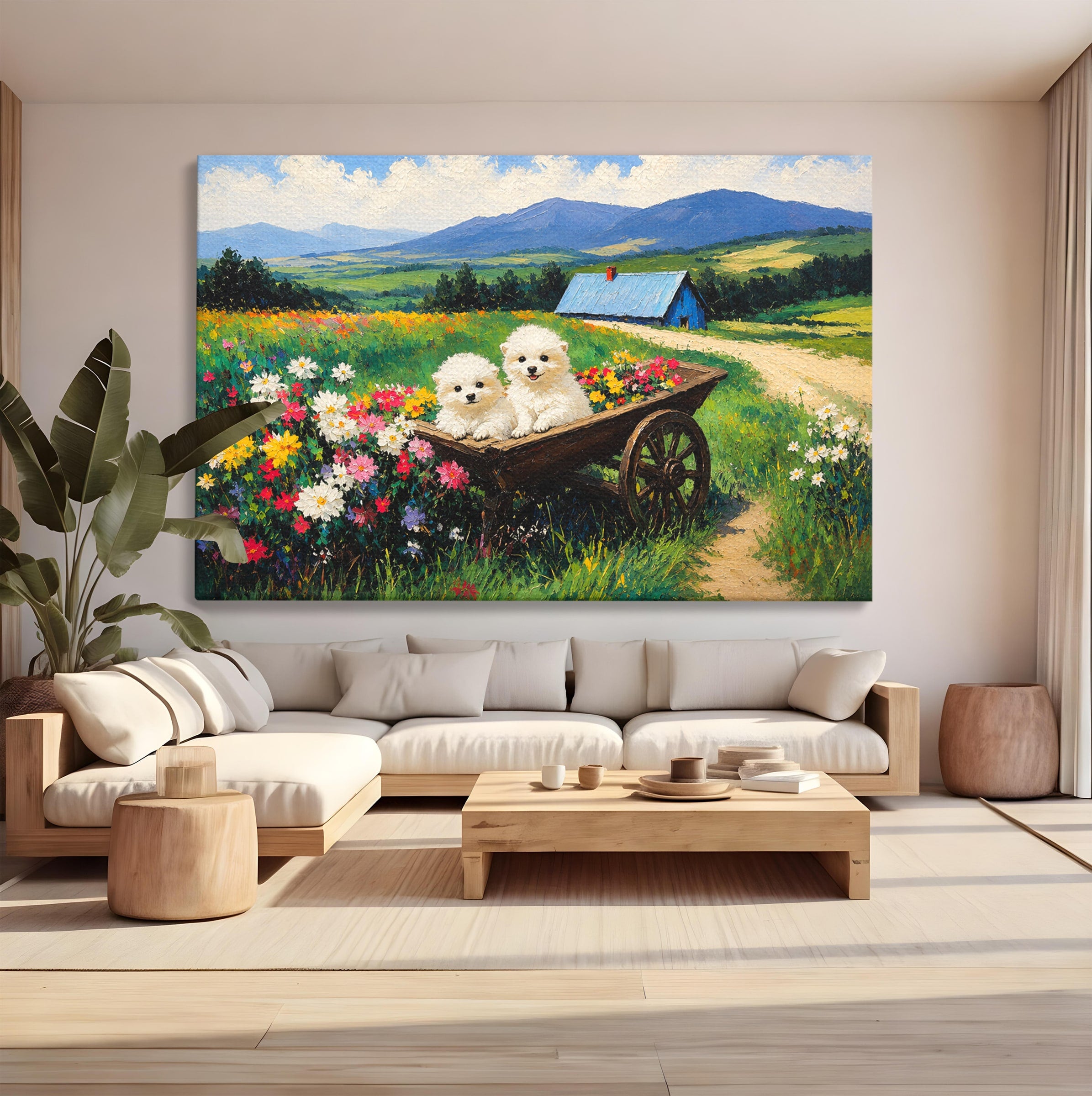 Tablou Canvas Premium LuxCanva® A1716, Catelusi In Caruta De Flori, Catelusi, Caruta, Flori, Peisaj, Living, Culori Vibrante