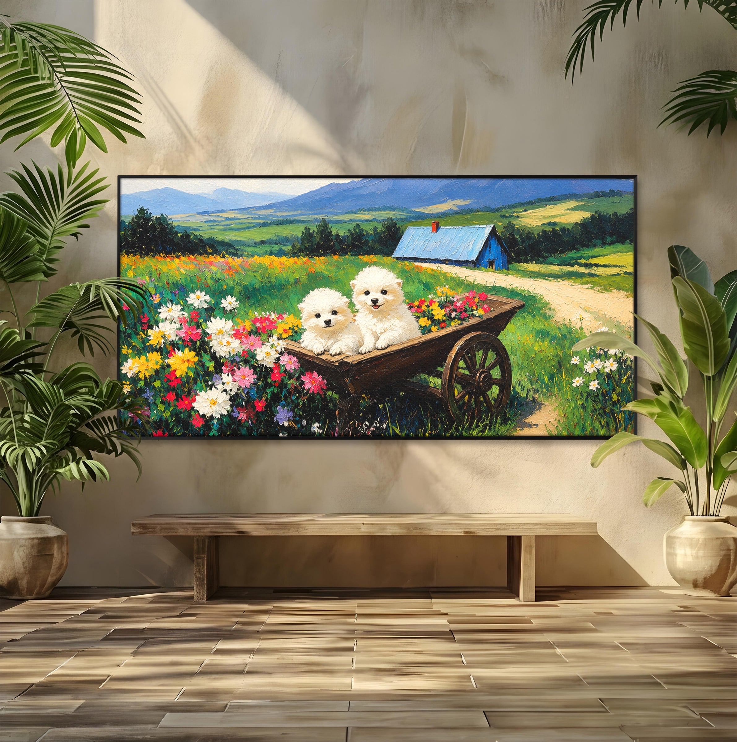 Tablou Canvas Premium LuxCanva® A1716, Catelusi In Caruta De Flori, Catelusi, Caruta, Flori, Peisaj, Living, Culori Vibrante