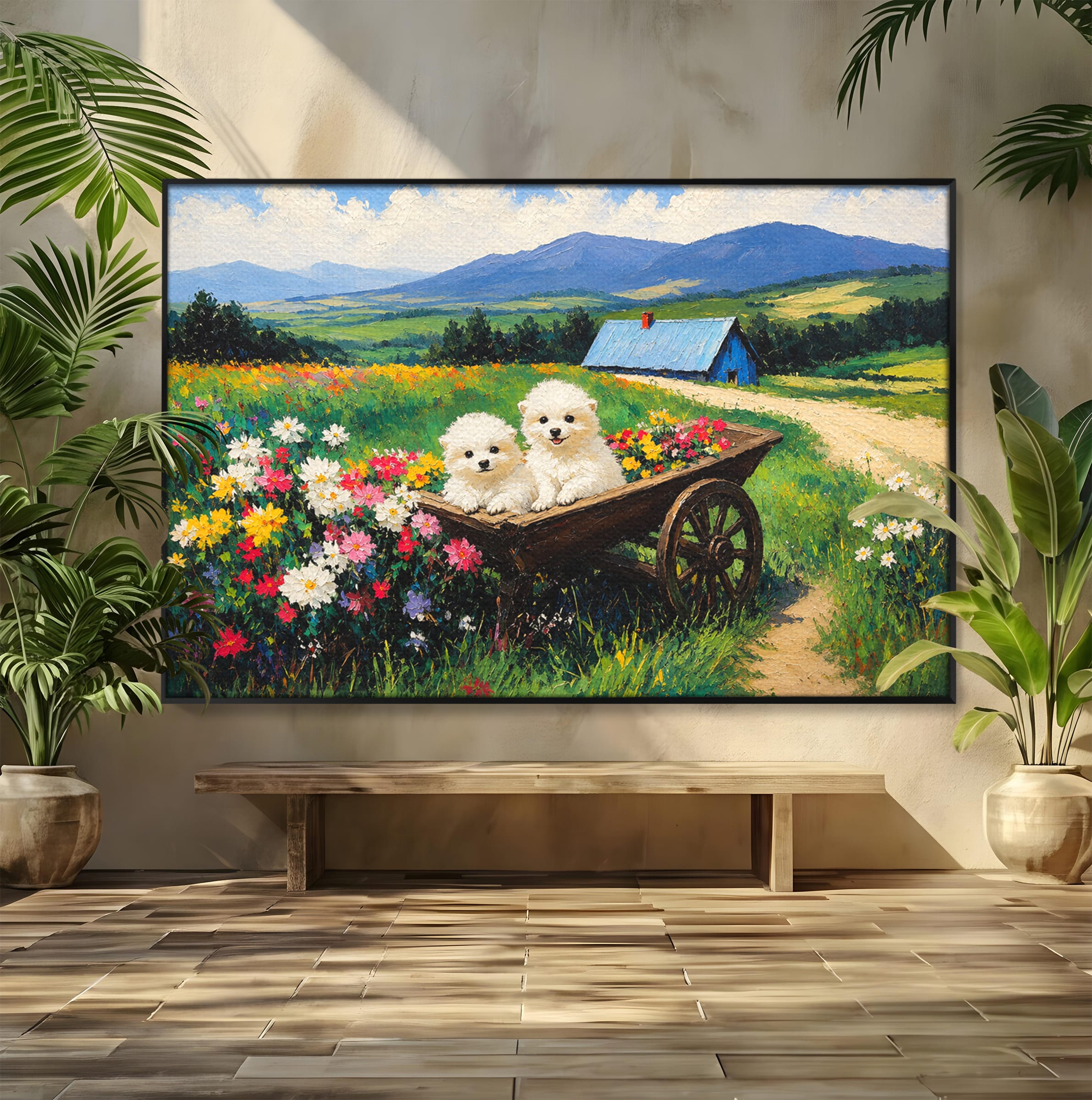 Tablou Canvas Premium LuxCanva® A1716, Catelusi In Caruta De Flori, Catelusi, Caruta, Flori, Peisaj, Living, Culori Vibrante