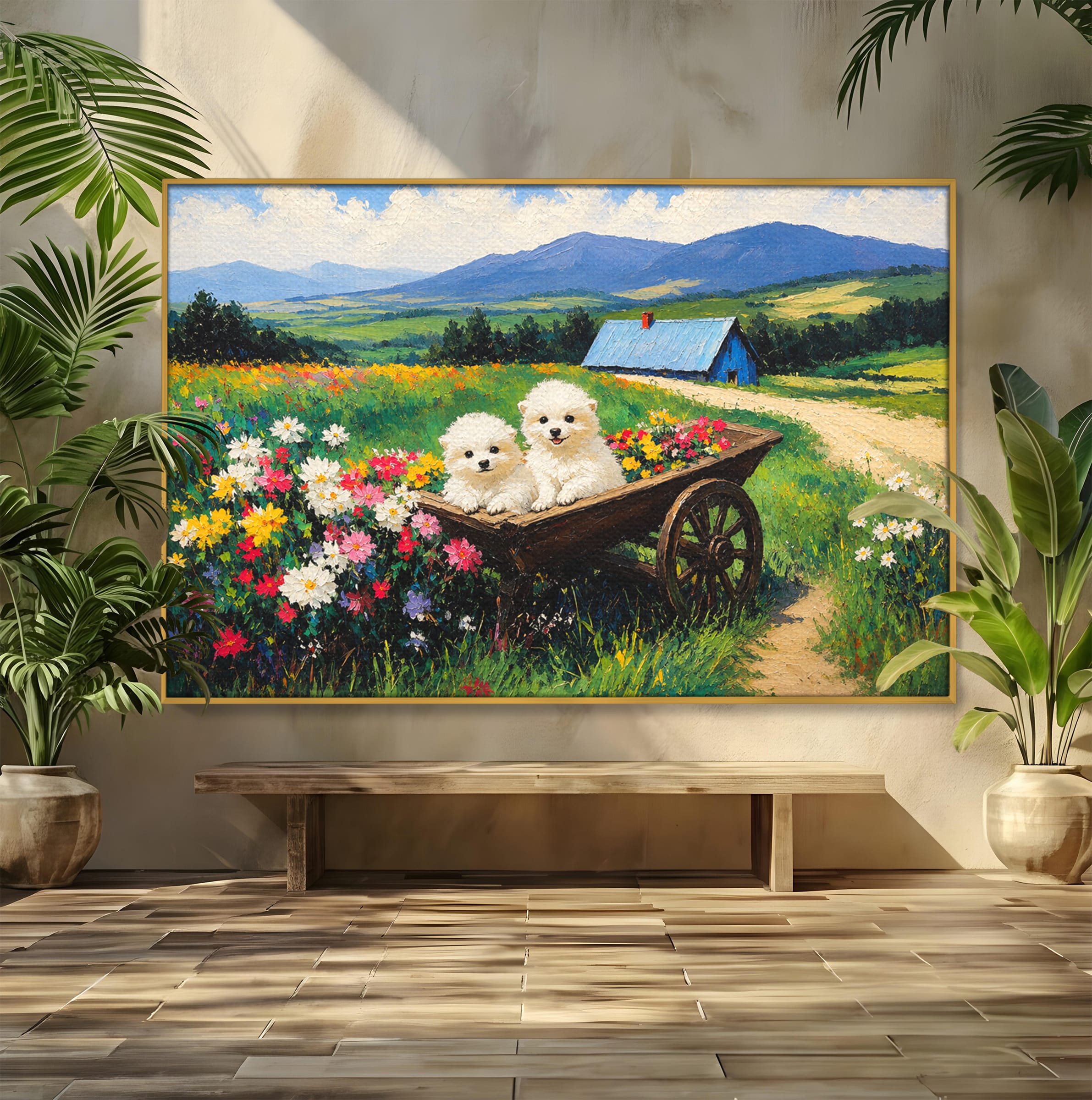 Tablou Canvas Premium LuxCanva® A1716, Catelusi In Caruta De Flori, Catelusi, Caruta, Flori, Peisaj, Living, Culori Vibrante