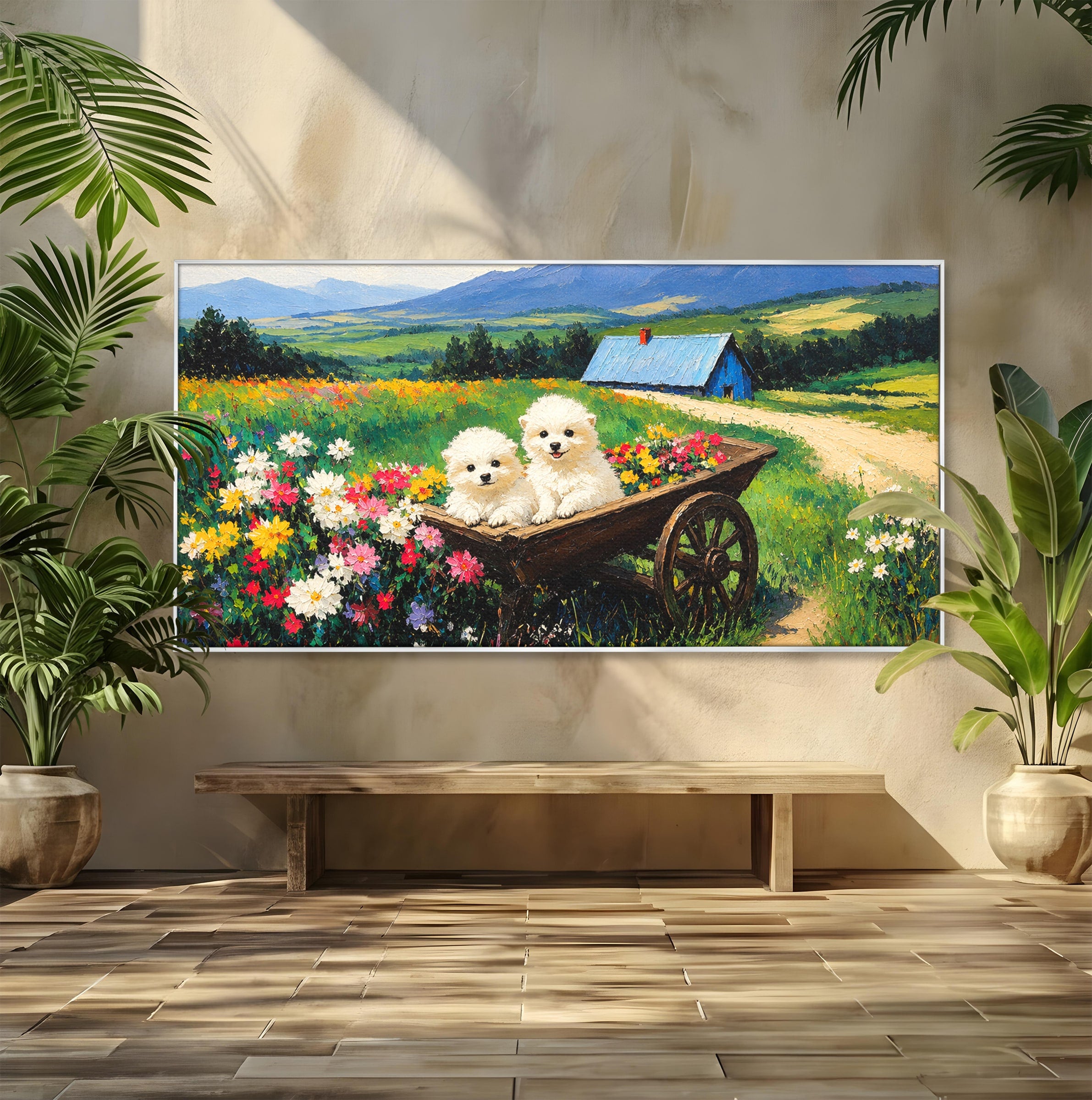 Tablou Canvas Premium LuxCanva® A1716, Catelusi In Caruta De Flori, Catelusi, Caruta, Flori, Peisaj, Living, Culori Vibrante