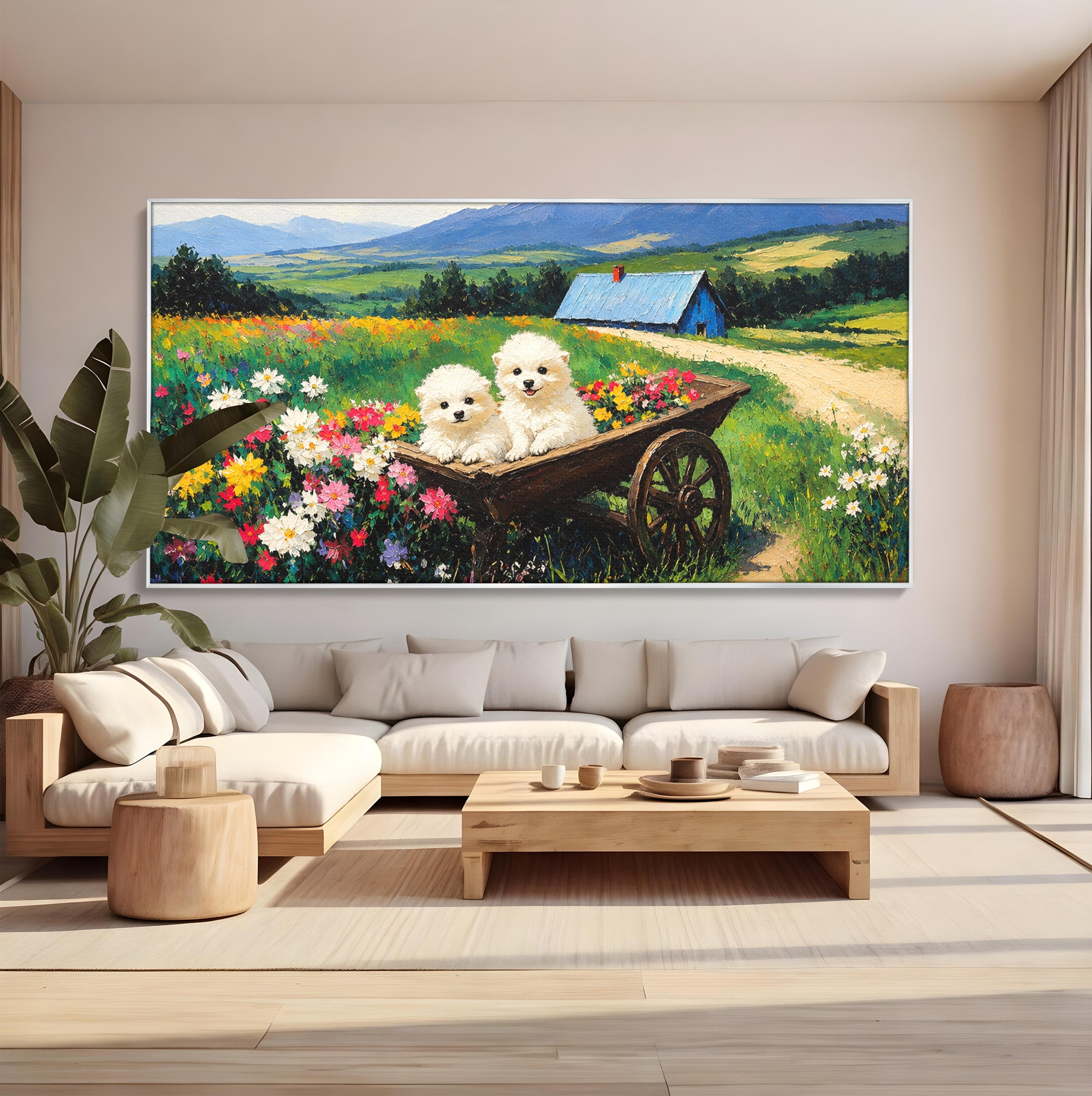 Tablou Canvas Premium LuxCanva® A1716, Catelusi In Caruta De Flori, Catelusi, Caruta, Flori, Peisaj, Living, Culori Vibrante