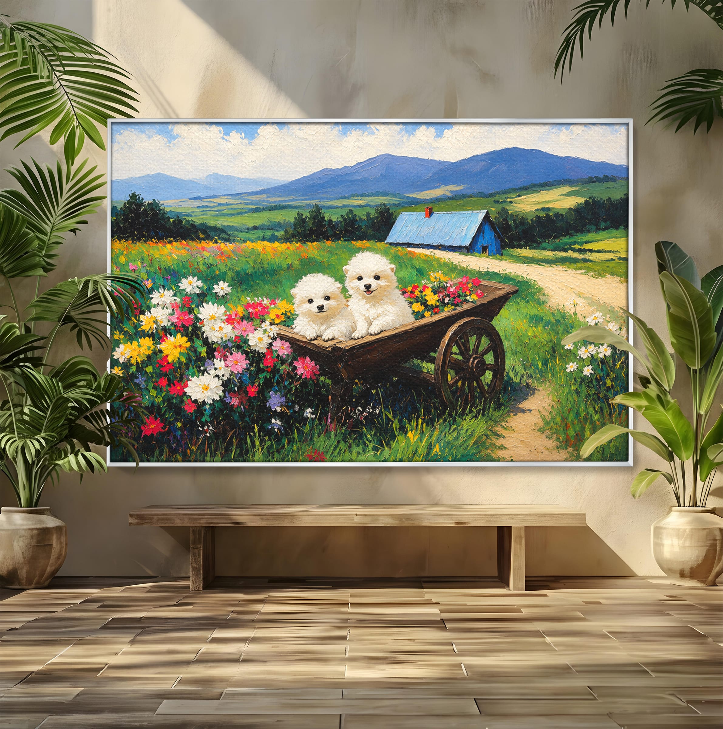 Tablou Canvas Premium LuxCanva® A1716, Catelusi In Caruta De Flori, Catelusi, Caruta, Flori, Peisaj, Living, Culori Vibrante