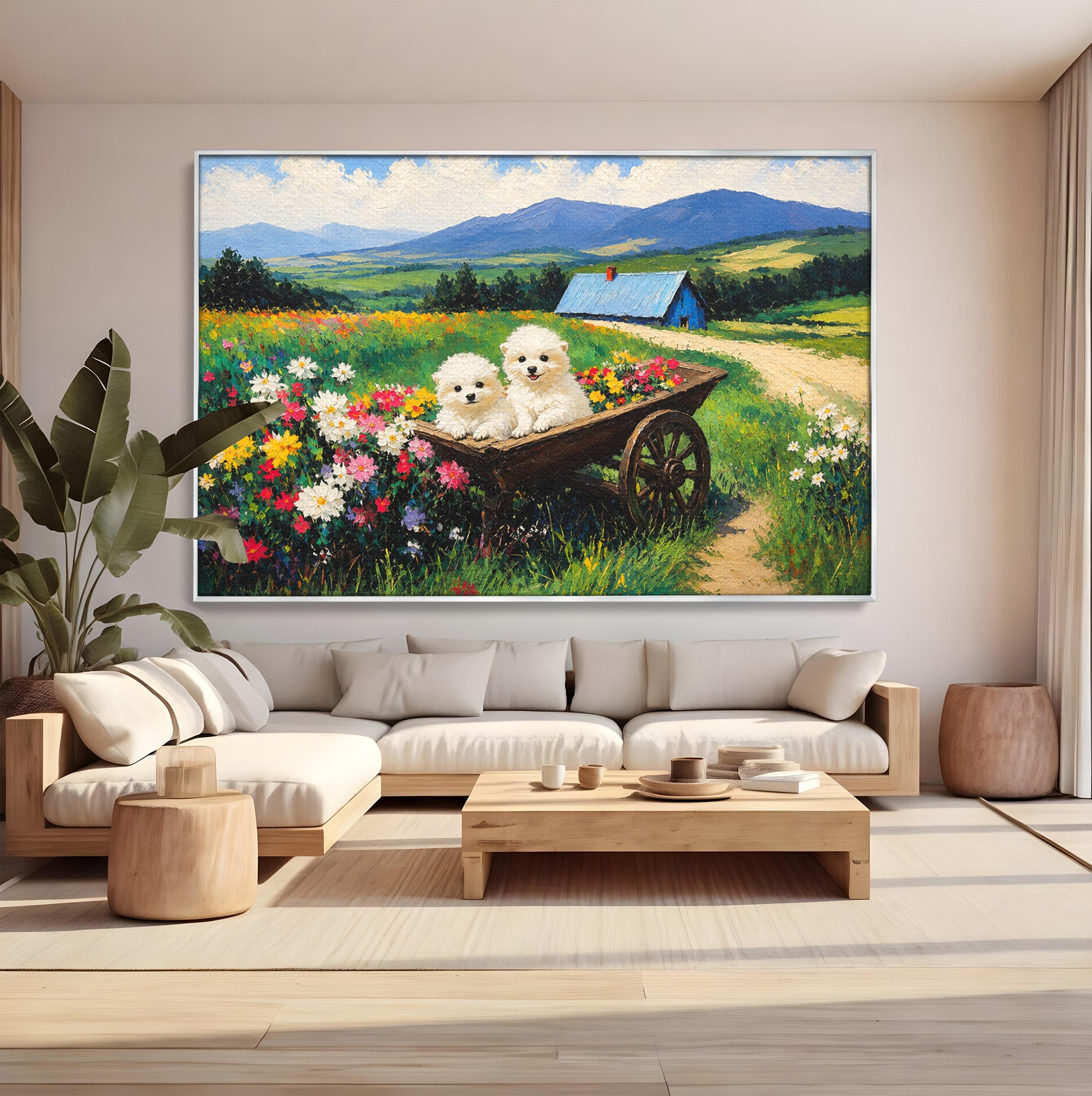 Tablou Canvas Premium LuxCanva® A1716, Catelusi In Caruta De Flori, Catelusi, Caruta, Flori, Peisaj, Living, Culori Vibrante