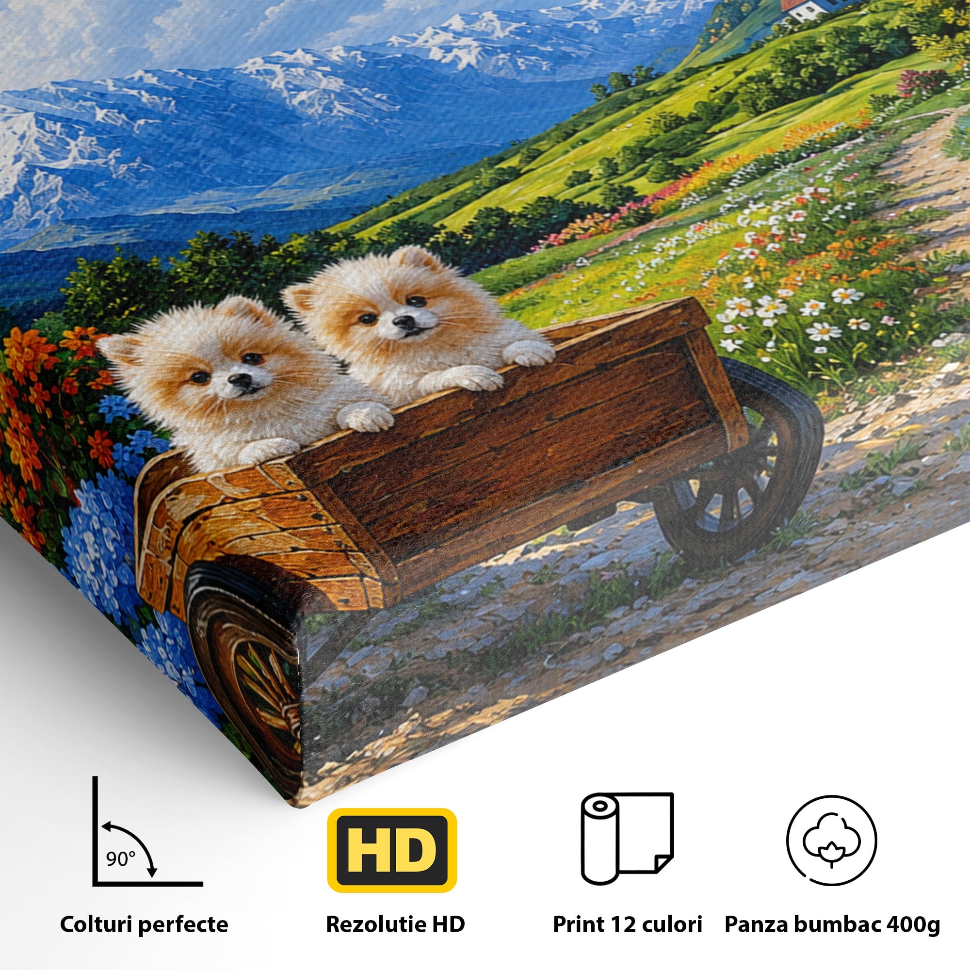 Tablou Canvas Premium LuxCanva® A1717, Pui De Catelusi In Rulota, Catelusi, Peisaj, Flori, Munti, Gradina, Living, Culori Vibrante