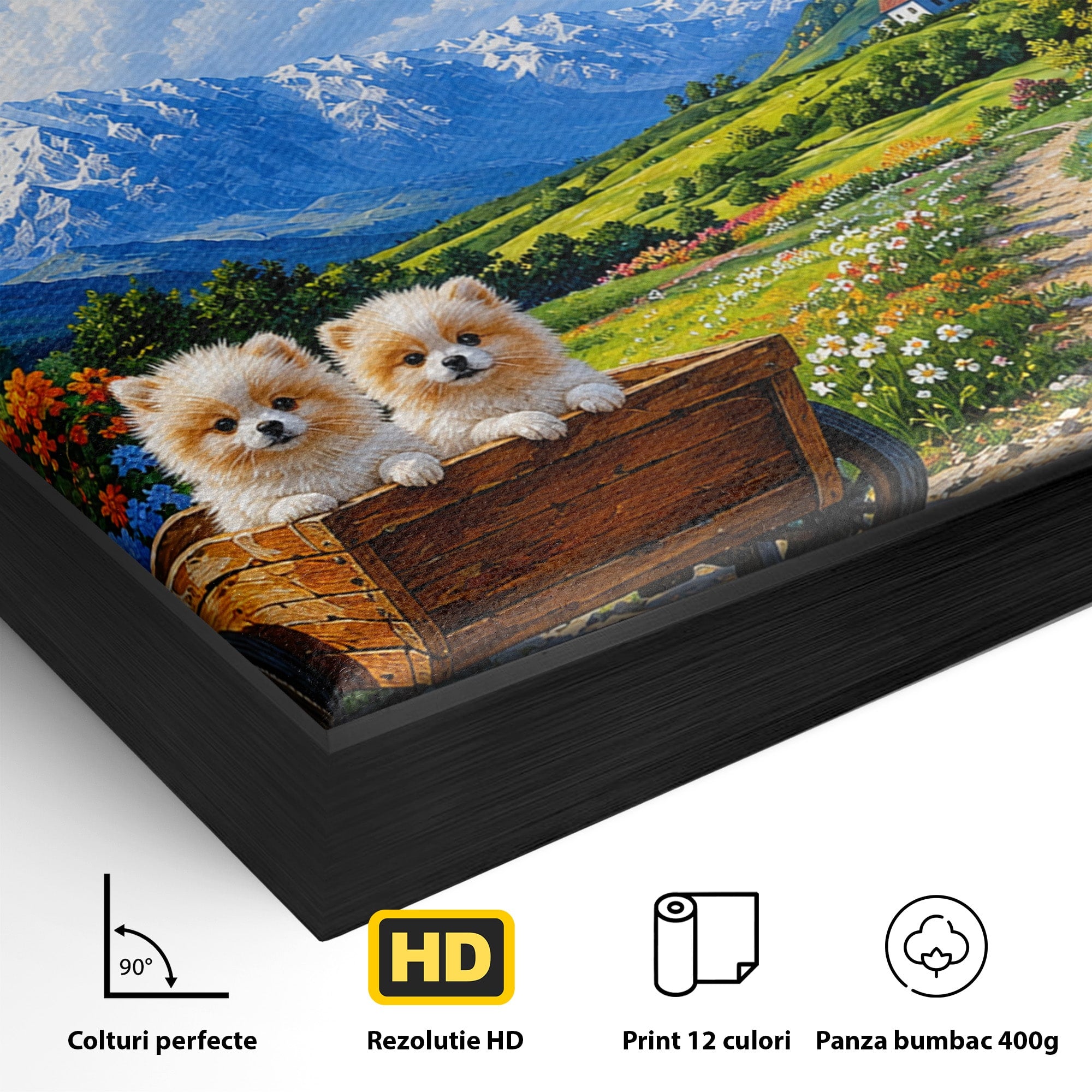 Tablou Canvas Premium LuxCanva® A1717, Pui De Catelusi In Rulota, Catelusi, Peisaj, Flori, Munti, Gradina, Living, Culori Vibrante