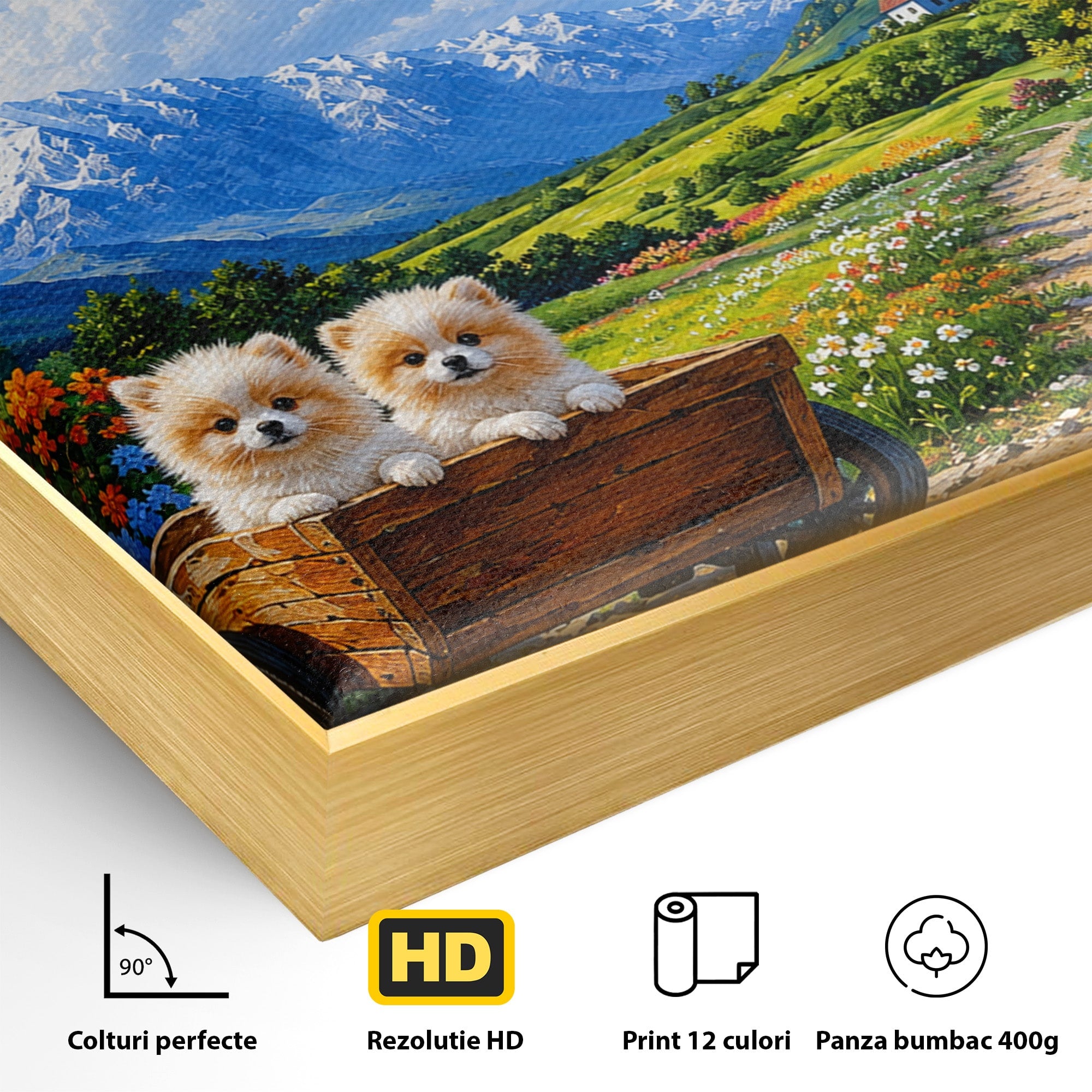 Tablou Canvas Premium LuxCanva® A1717, Pui De Catelusi In Rulota, Catelusi, Peisaj, Flori, Munti, Gradina, Living, Culori Vibrante