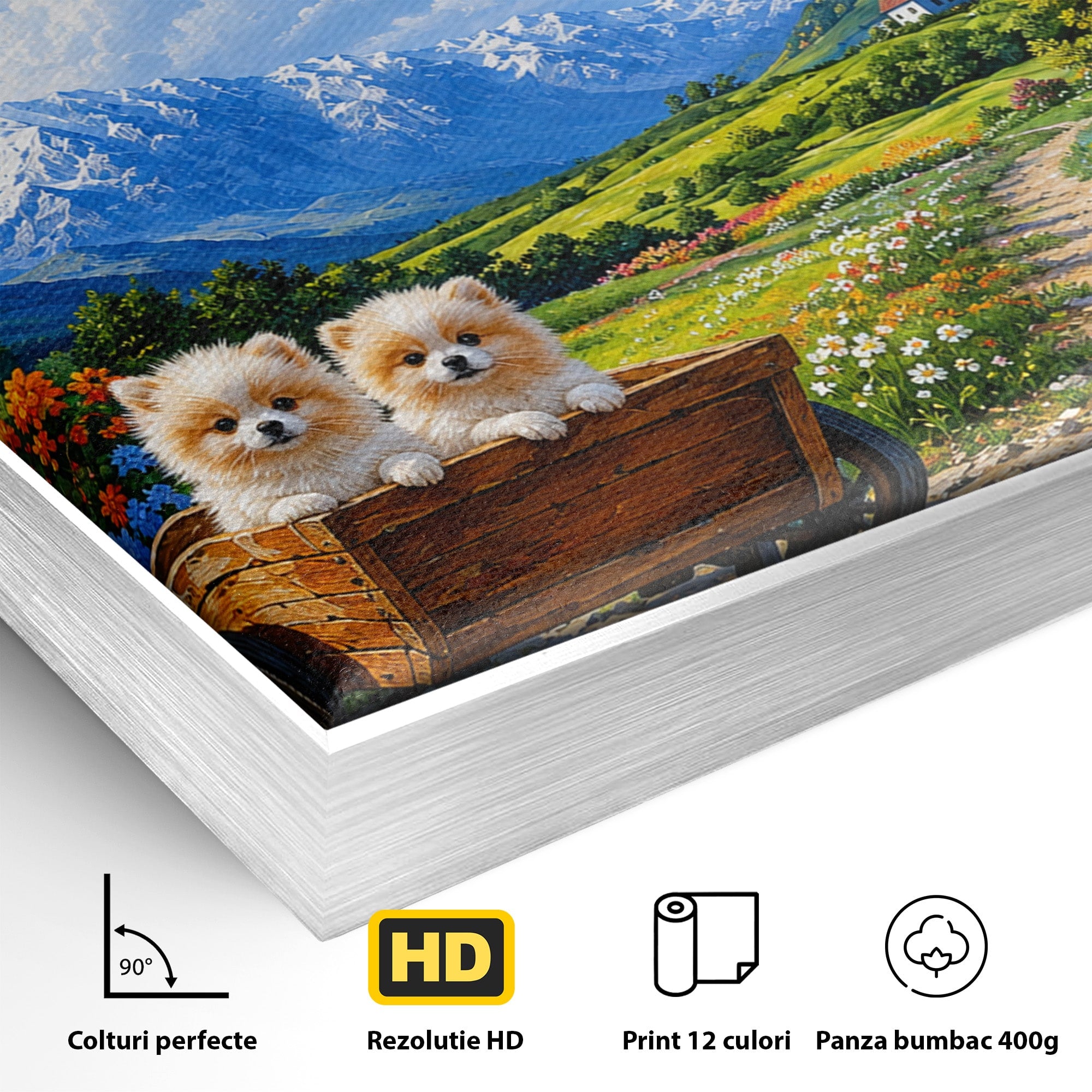 Tablou Canvas Premium LuxCanva® A1717, Pui De Catelusi In Rulota, Catelusi, Peisaj, Flori, Munti, Gradina, Living, Culori Vibrante