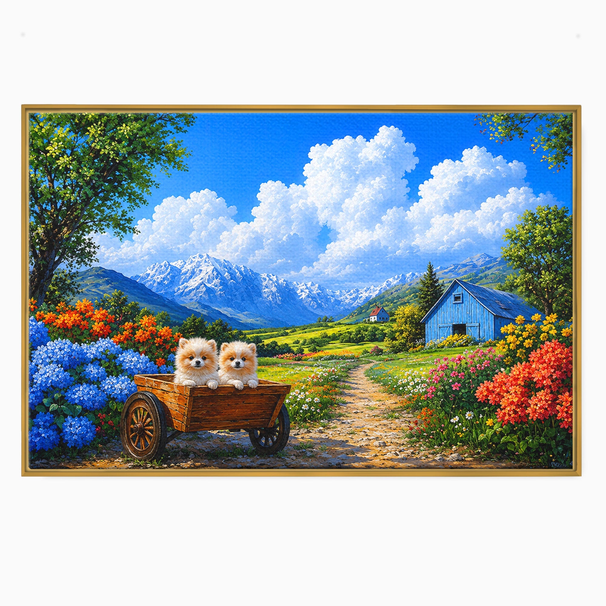 Tablou Canvas Premium LuxCanva® A1717, Pui De Catelusi In Rulota, Catelusi, Peisaj, Flori, Munti, Gradina, Living, Culori Vibrante
