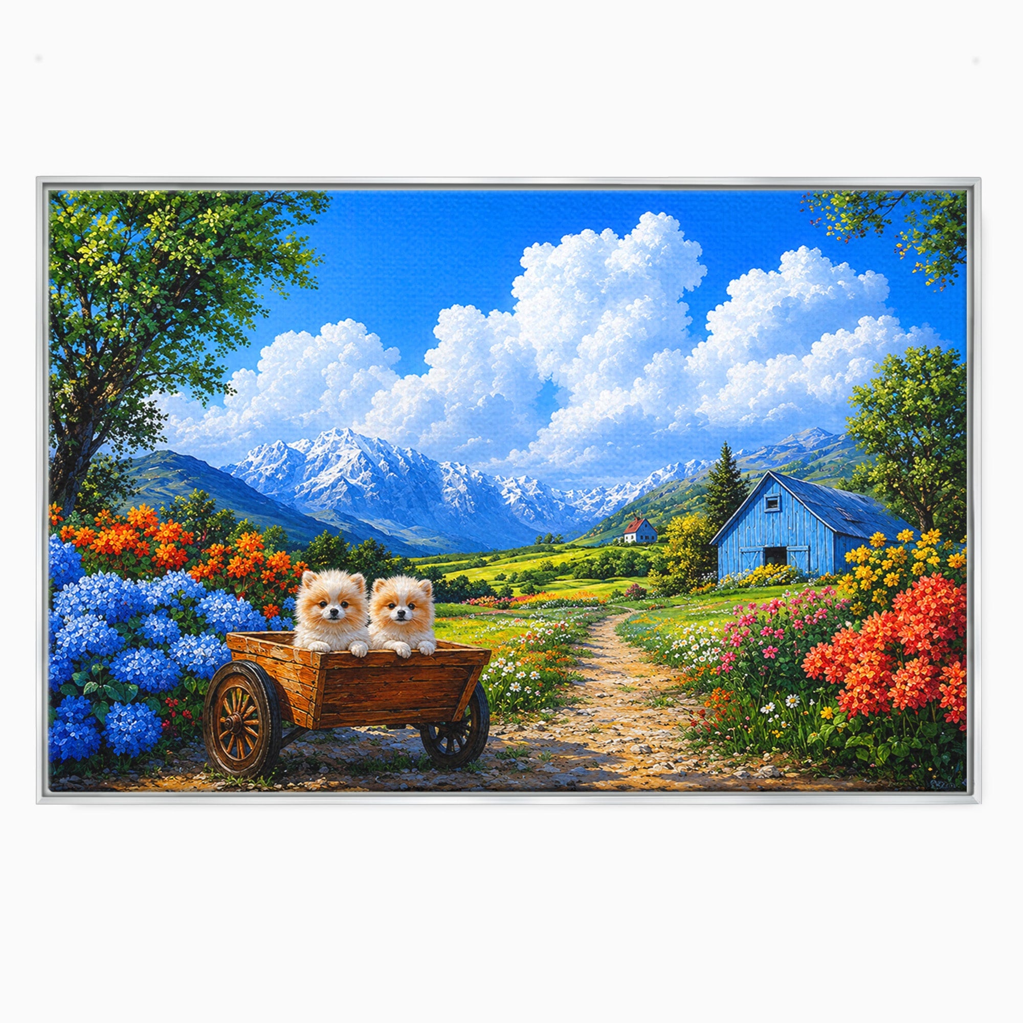 Tablou Canvas Premium LuxCanva® A1717, Pui De Catelusi In Rulota, Catelusi, Peisaj, Flori, Munti, Gradina, Living, Culori Vibrante