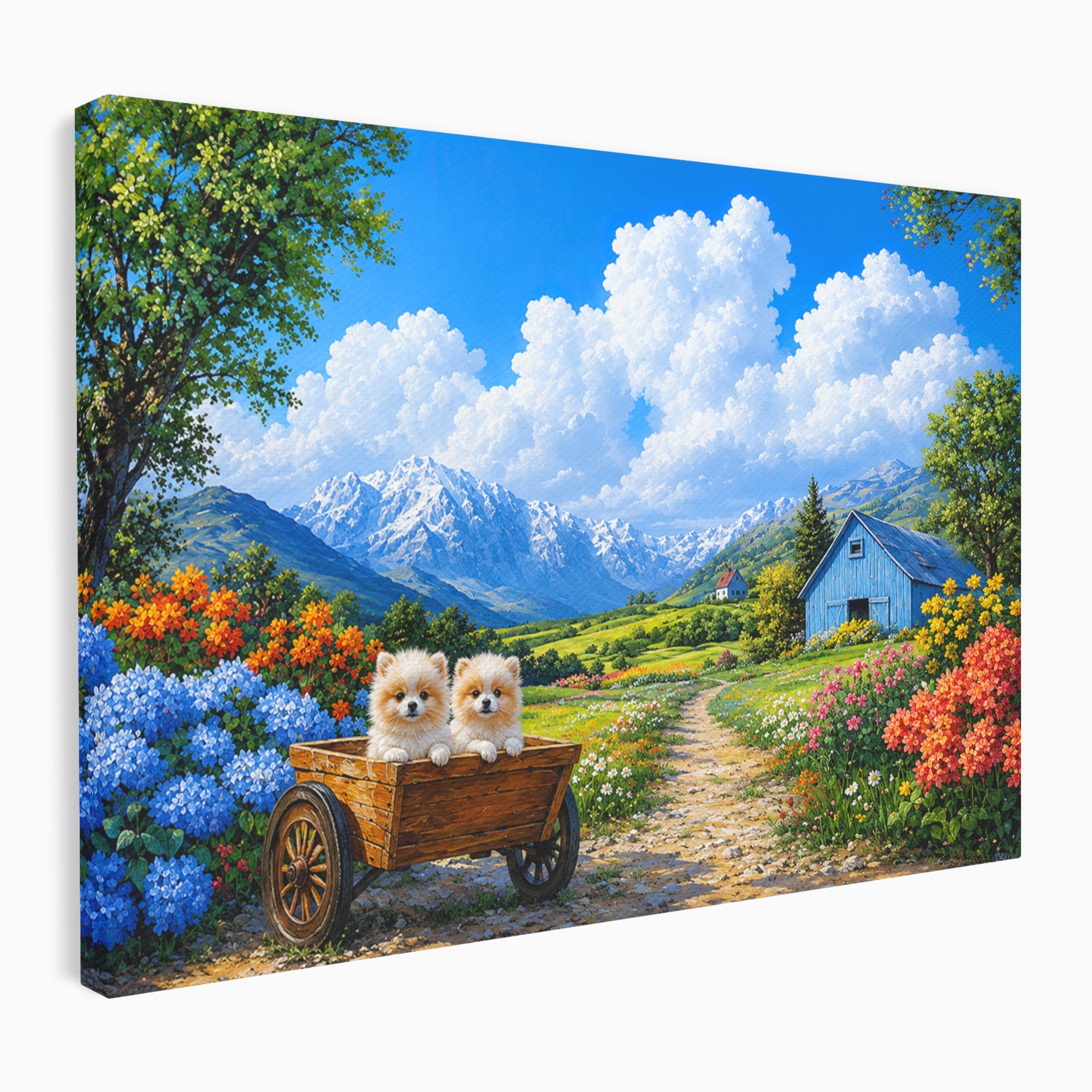 Tablou Canvas Premium LuxCanva® A1717, Pui De Catelusi In Rulota, Catelusi, Peisaj, Flori, Munti, Gradina, Living, Culori Vibrante